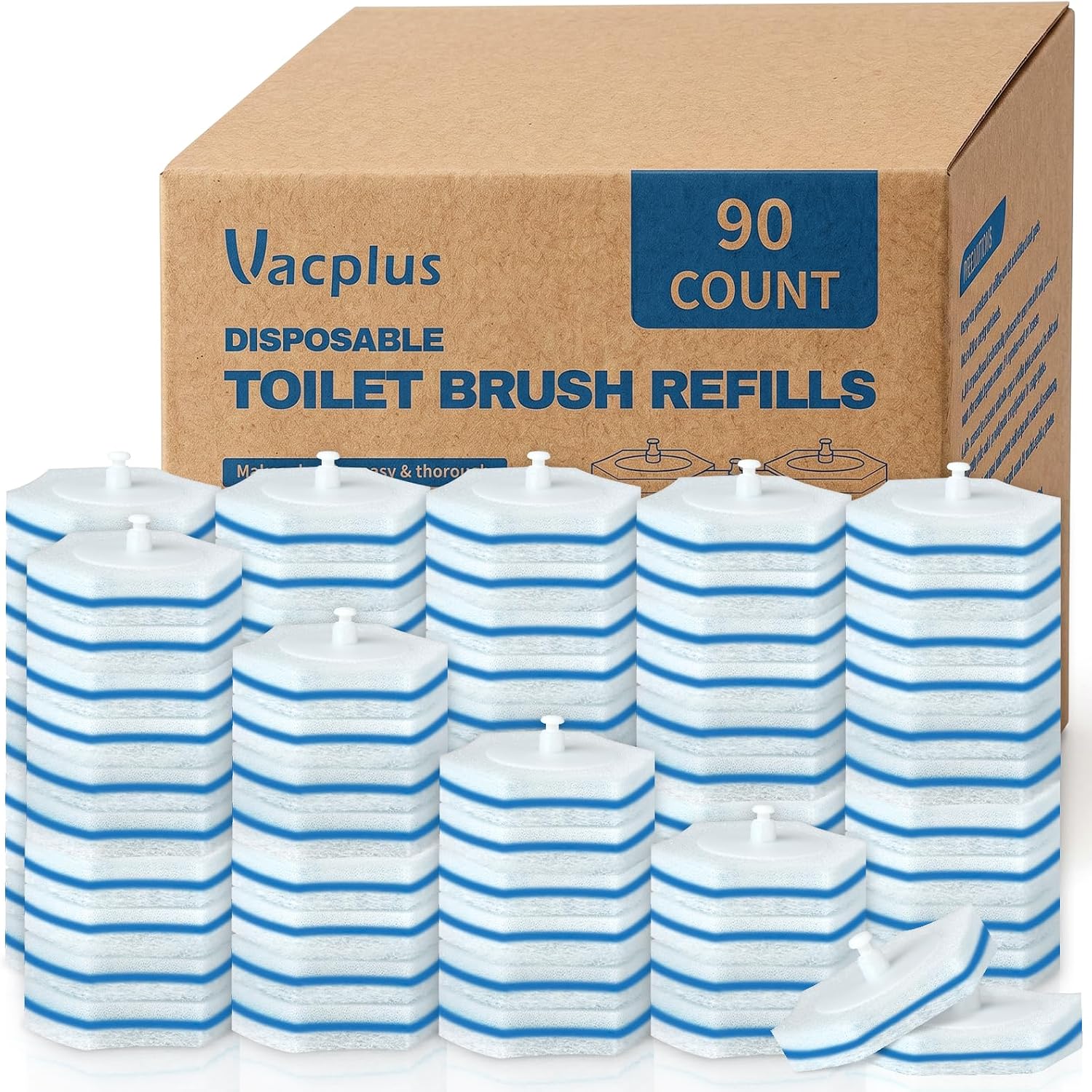 Vacplus Toilet Wand Refills, 90 Count, Disposable, Clorox Compatible, Blue