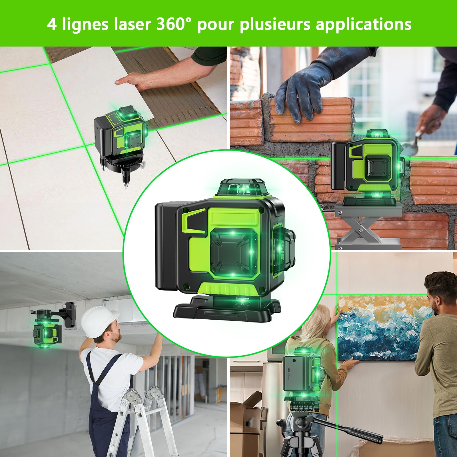 Niveau Laser Chantier Autonivelant 360° x 4, Lazer Niveaux 4D 16 Lignes Laser, Autonivellement et Mode Pulsé Extérieur, 2 x Batterie, Nivellement Automatique, Support Rotatif, Télécommande