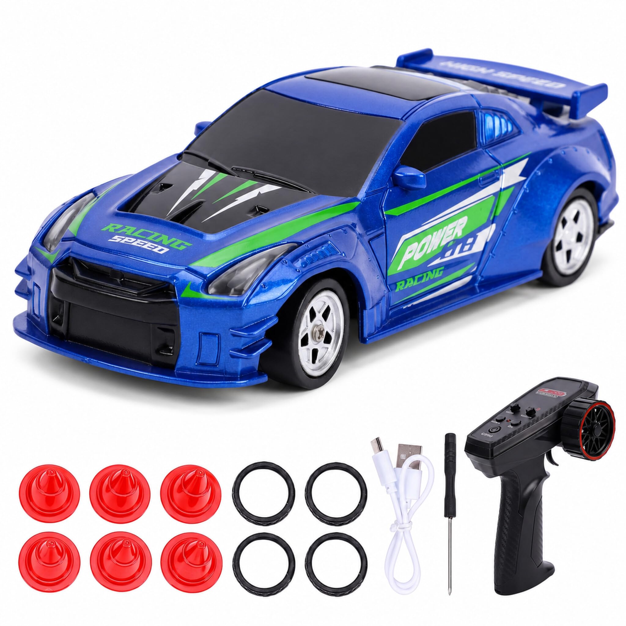 Drift Auto 1:60, 2,4 GHz Mini RC Auto Drift Car, napęd na wszystkie koła, zdalnie sterowany żyroskop, wymienne opony, oświetlenie LED i sterowanie w pełni proporcjonalne, RC (niebieski)