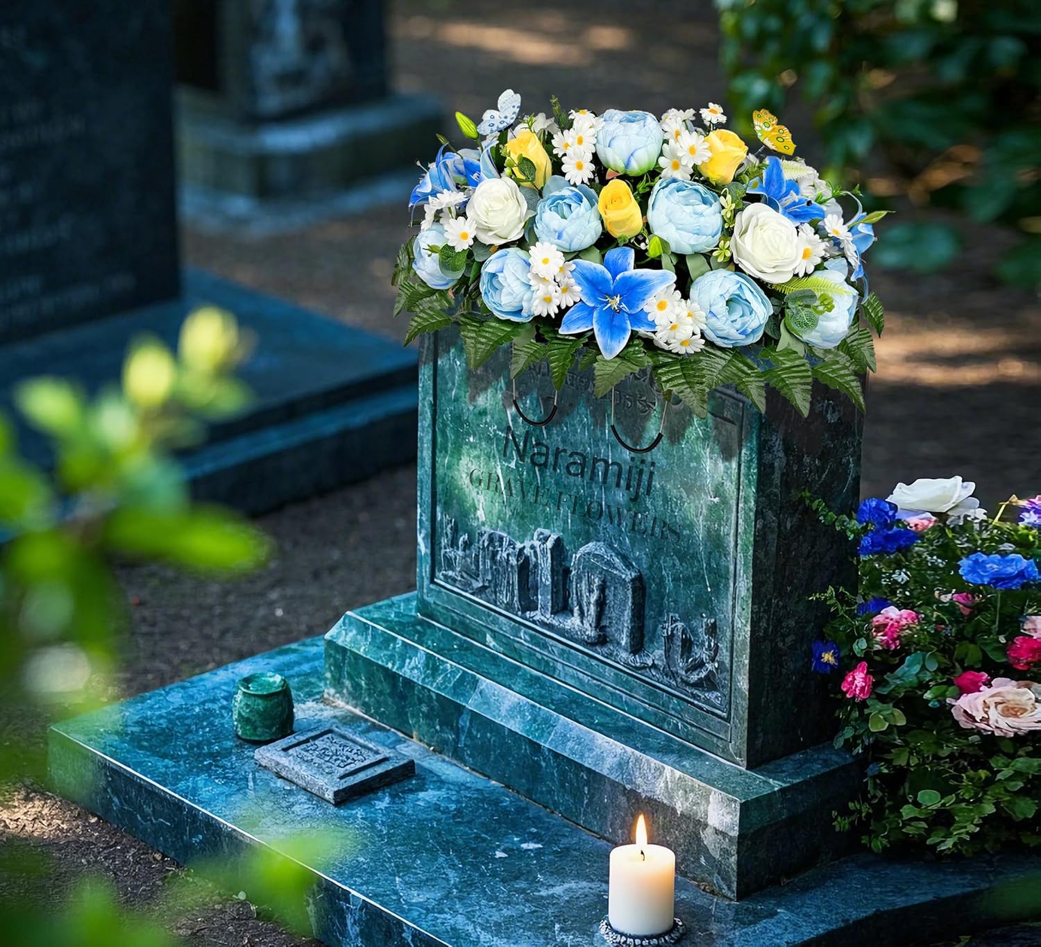 Cemetery Flowers Saddle and Headstone Flower Saddle - Blue Rose Hibiscus Daisy Lily for Headstone Decorations, Sympathy & Memorial Tributes