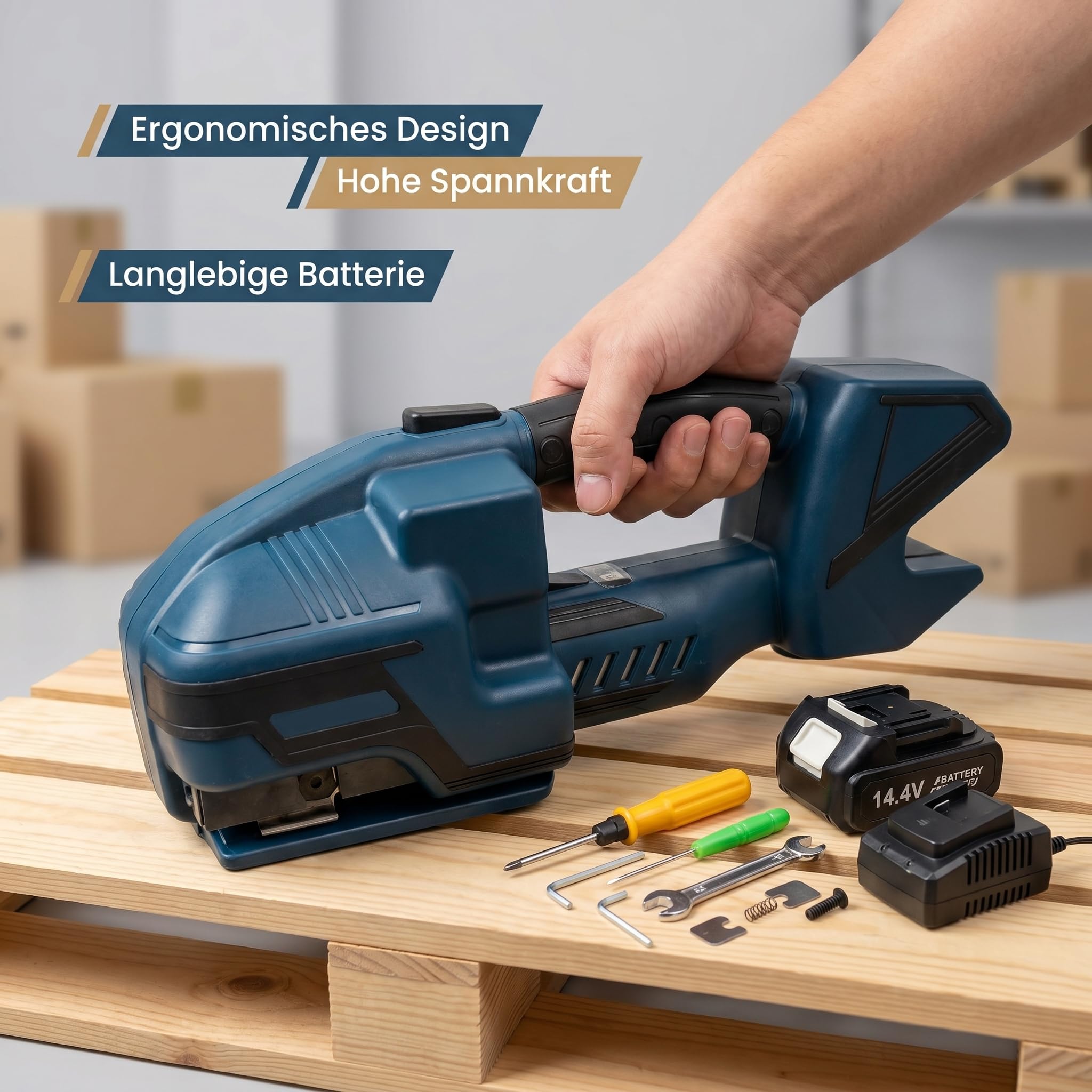 V2 Akku Umreifungsgerät für PP & PET Band 13–16 mm – Elektrisches Hand Umreifungsgerät mit 2x 4000 mAh Akku, 3200 N Spannkraft, Halbautomatische Verpackungsmaschine