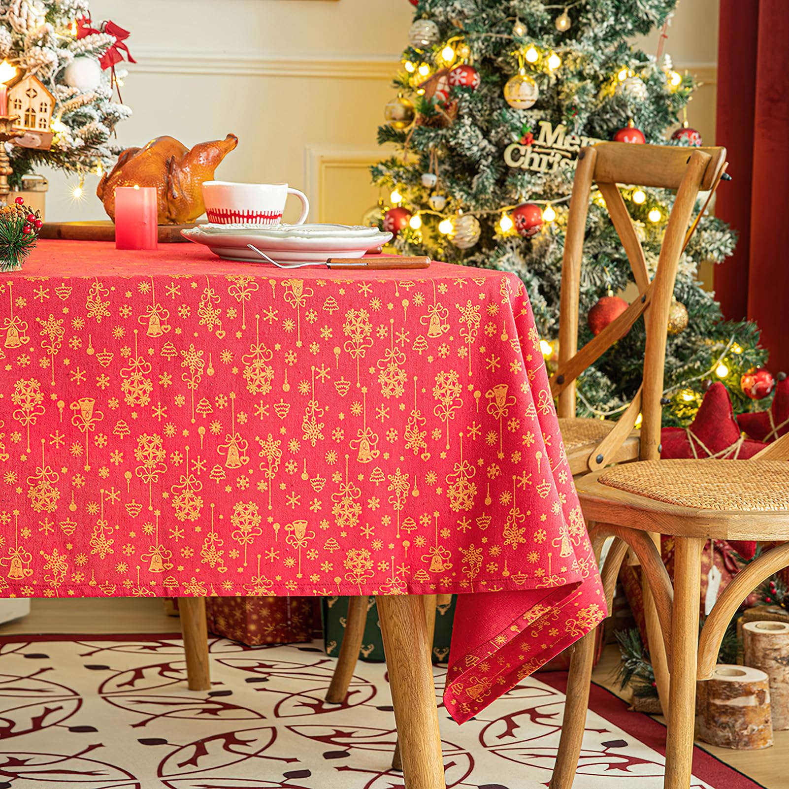 Weihnachten Tischdecke Party Rote Schneeflocke Tablecloth Weihnachtsdekoration, Rechteckig Xmas Tablecover für Weihnachten Neujahr Home Dining Table Decor, 135x300 cm