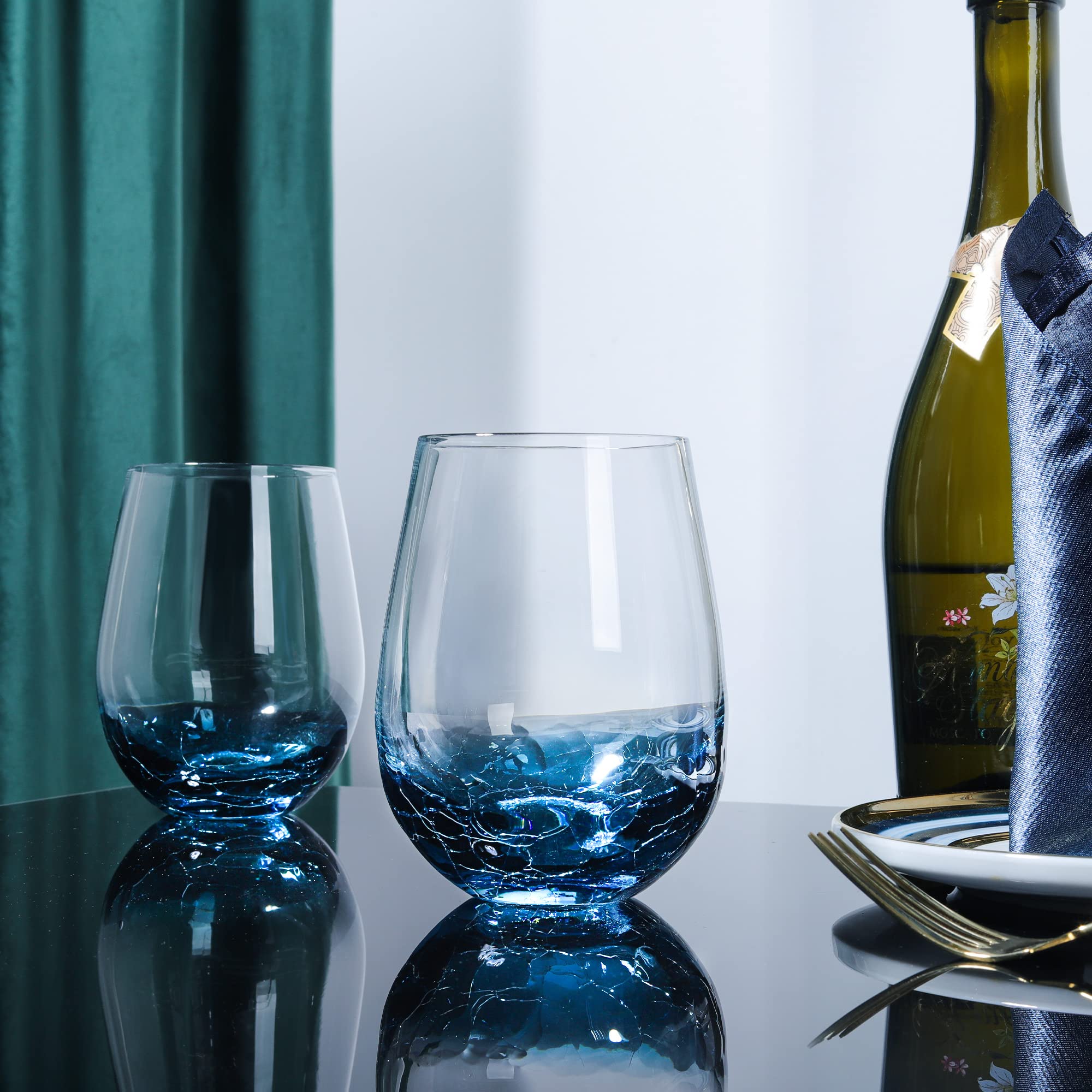 Joeyan Copa de Vino sin Tallo Grieta 560ml - Juego de 2 Azul Vasos de Vino de Cristal - Soplado a Mano Copa de Vino Tinto o Blanco para Casa, Restaurante y en Fiestas