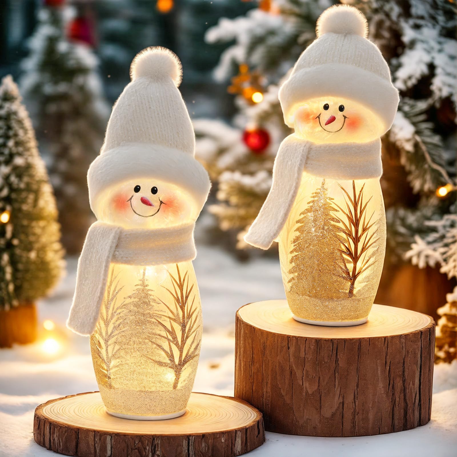 Lewondr 2PCS Décorations De Table De Noël, 9,45" Figurines De Bonhommes De Neige Lumineuses, Bonhommes De Neige en Verre Craquelé De Noël avec Écharpes Et Bonnets Tricotés pour La Maison