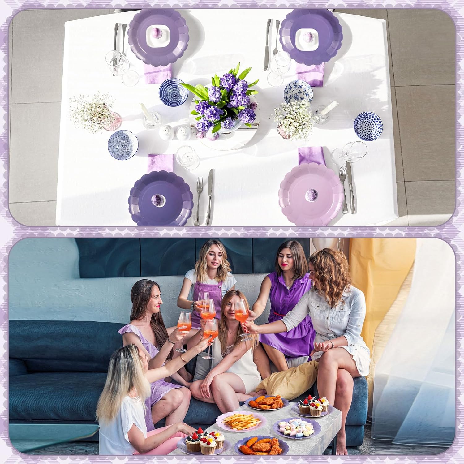 120 Pcs Purple Lavender Paper Plates 9 Inch Scalloped Disposable Round Dessert Paper Plates Party Decoration for Margs and Matrimony Bachelorette Party Women Birthday Baby Shower Wedding