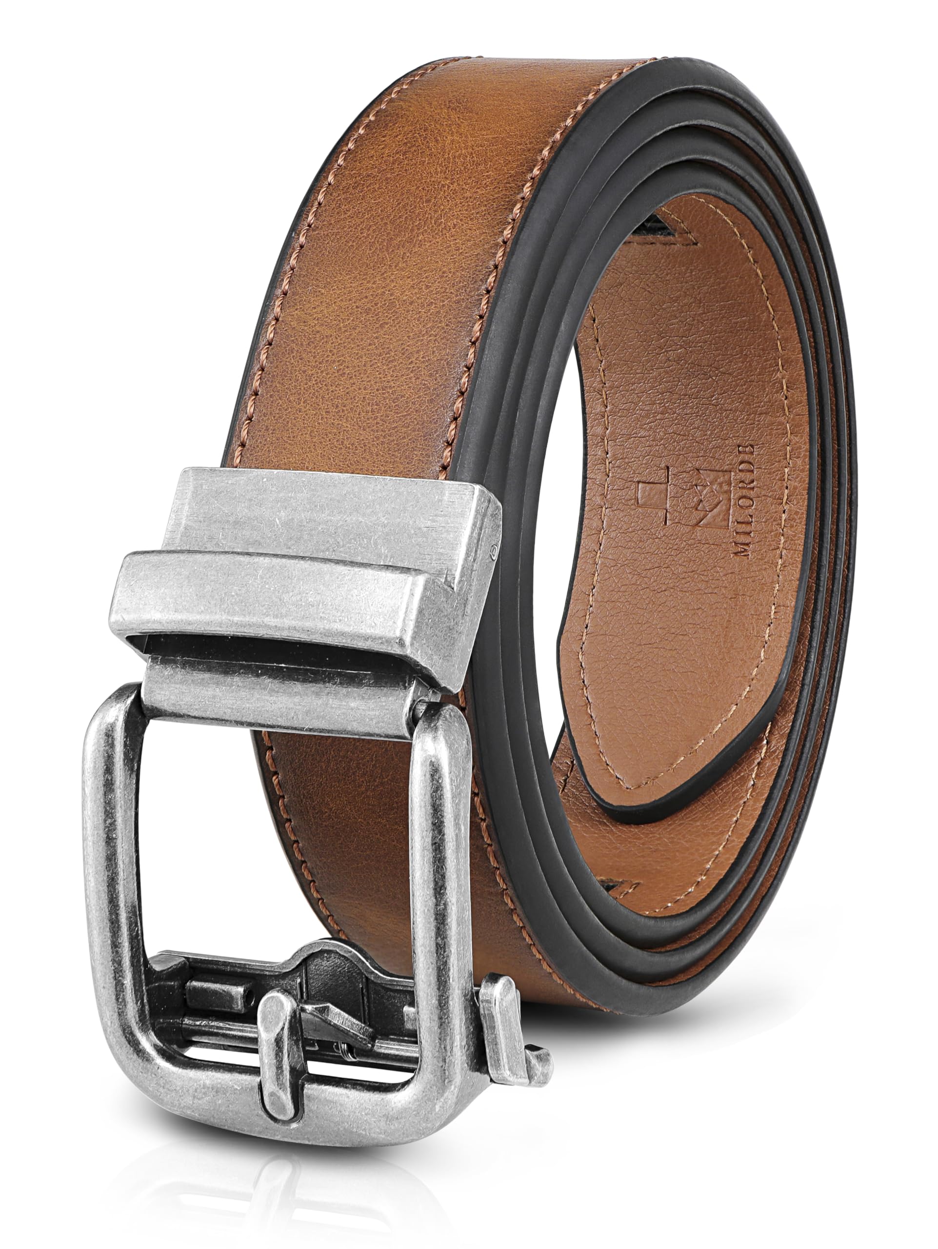 MILORDE Men's Ratchet Belt | Genuine Leather & Automatic Buckle | Adjustable Fit, Daily Wear&Business Attire, Retro - Tan, 36-42W