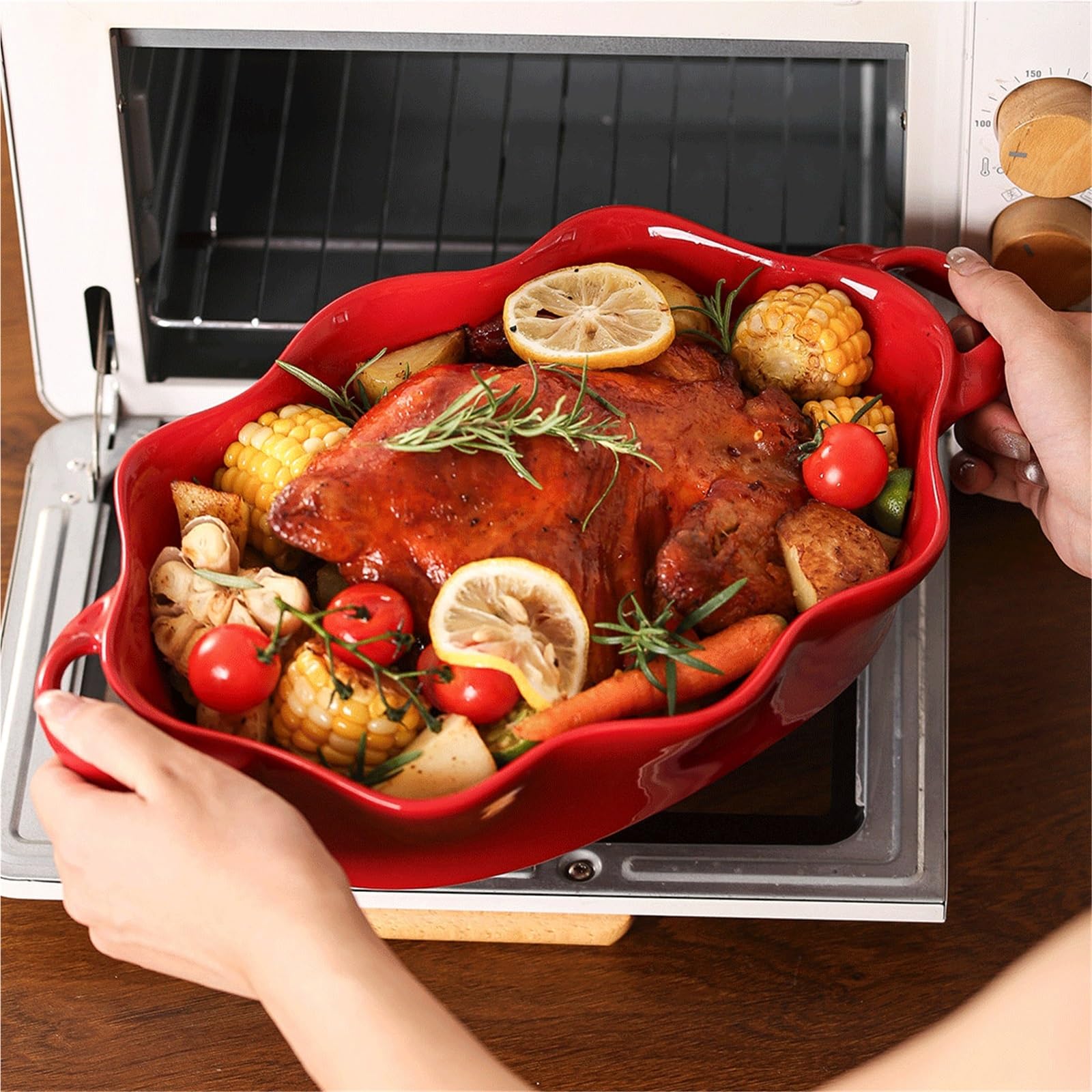 Plat Four Grand Plat de Cuisson en céramique à Bords ondulés Rouges Vintage Plat Gratin