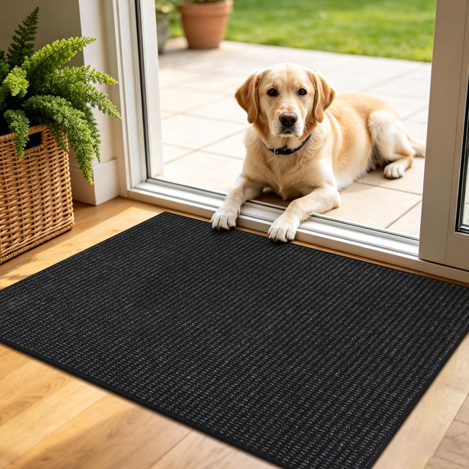 Enyhom Door Mats 60 x 90 cm for Indoor and Outdoor, Non-slip Dirt Trapper Doormats Machine Washable Entrance Rug Absorbent Barrier Mats for Entryway Kitchen Garden, Black+Grey