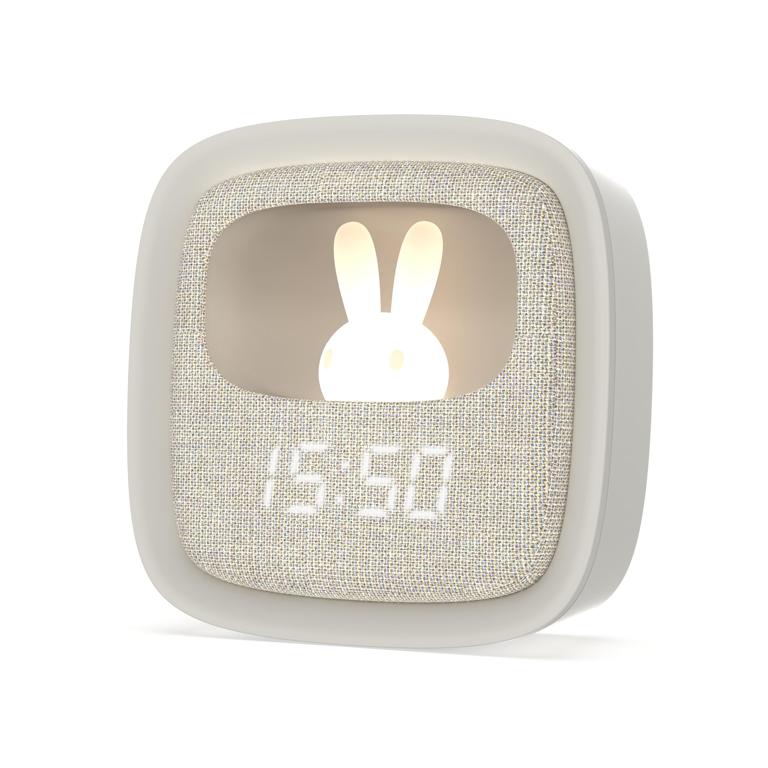 MOB – MOBILITY ON BOARD Sveglia e luce notturna per bambini Billy Clock – Motivo coniglietto – Frontale in tessuto – Telaio in plastica Soft-Touch – Programmazione di data, ora e 3 allarmi (grigio)
