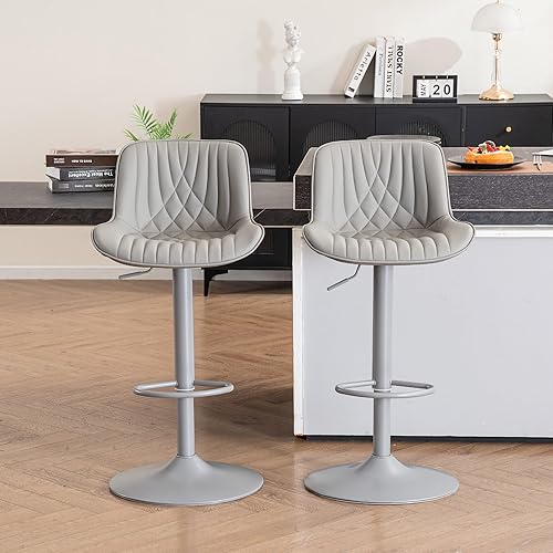 Miniatura 3 de YOUTASTE Bar Stools Set of 2, Adjustable Swivel Counter Height Barstools with Back, All Grey Faux Leather Upholstered Bar Chairs with Metal Base,