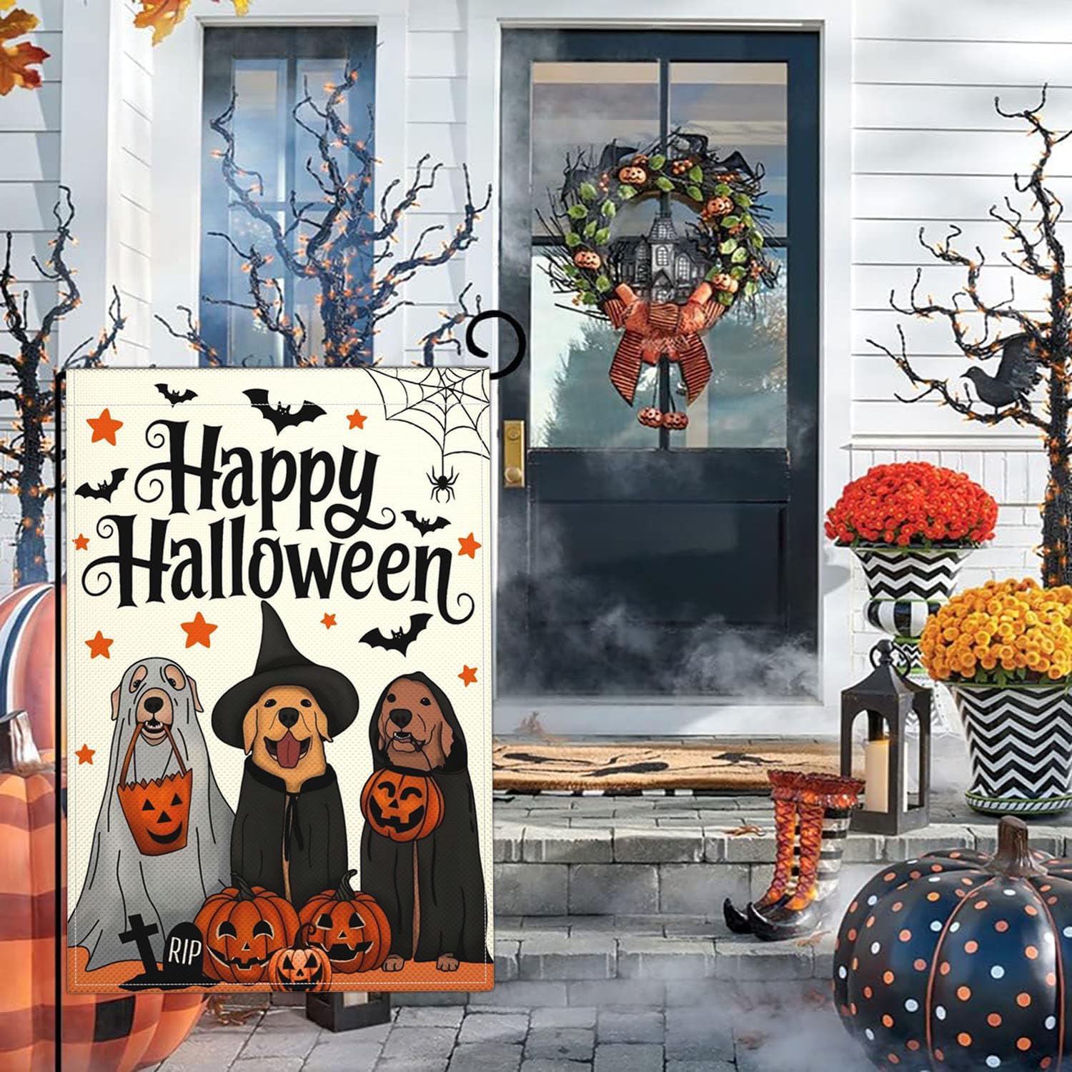 Happy Halloween Dog Pumpkin Garden Flags for Outside 12x18 Double Sided Polyester Golden Retriever Fall Autumn Witch Hat Yard Flag Outdoor House Yard Sign Falgs for Party Holiday Decorations - Image 2