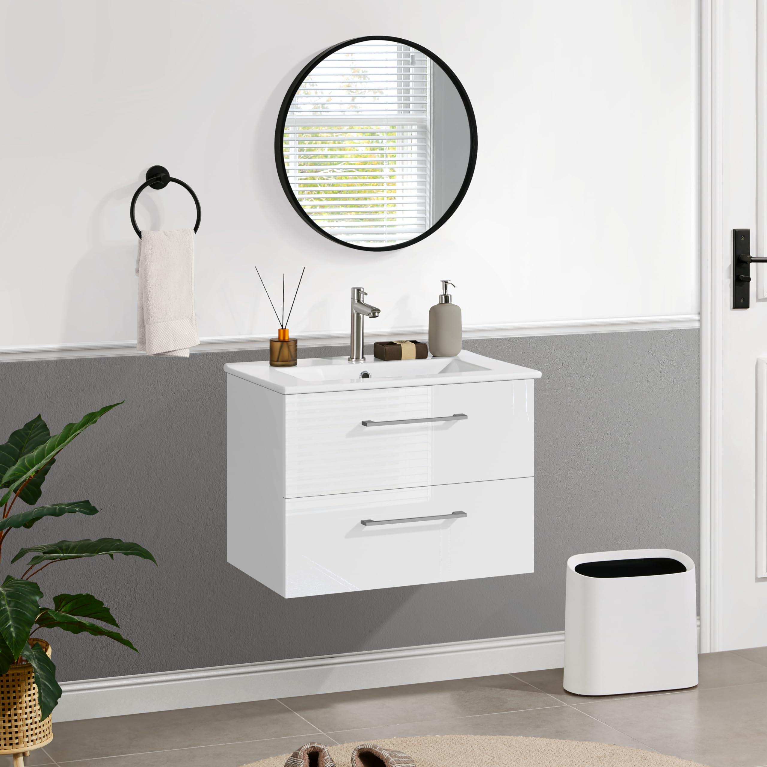 Yaheetech Meuble Salle de Bain avec Vasque Suspendu, Vasque Salle de Bain en Céramique, Meuble Lave Main WC, 61 × 39,5 × 45,5 cm, 2 Tiroirs, Désign Simple Moderne, Blanc
