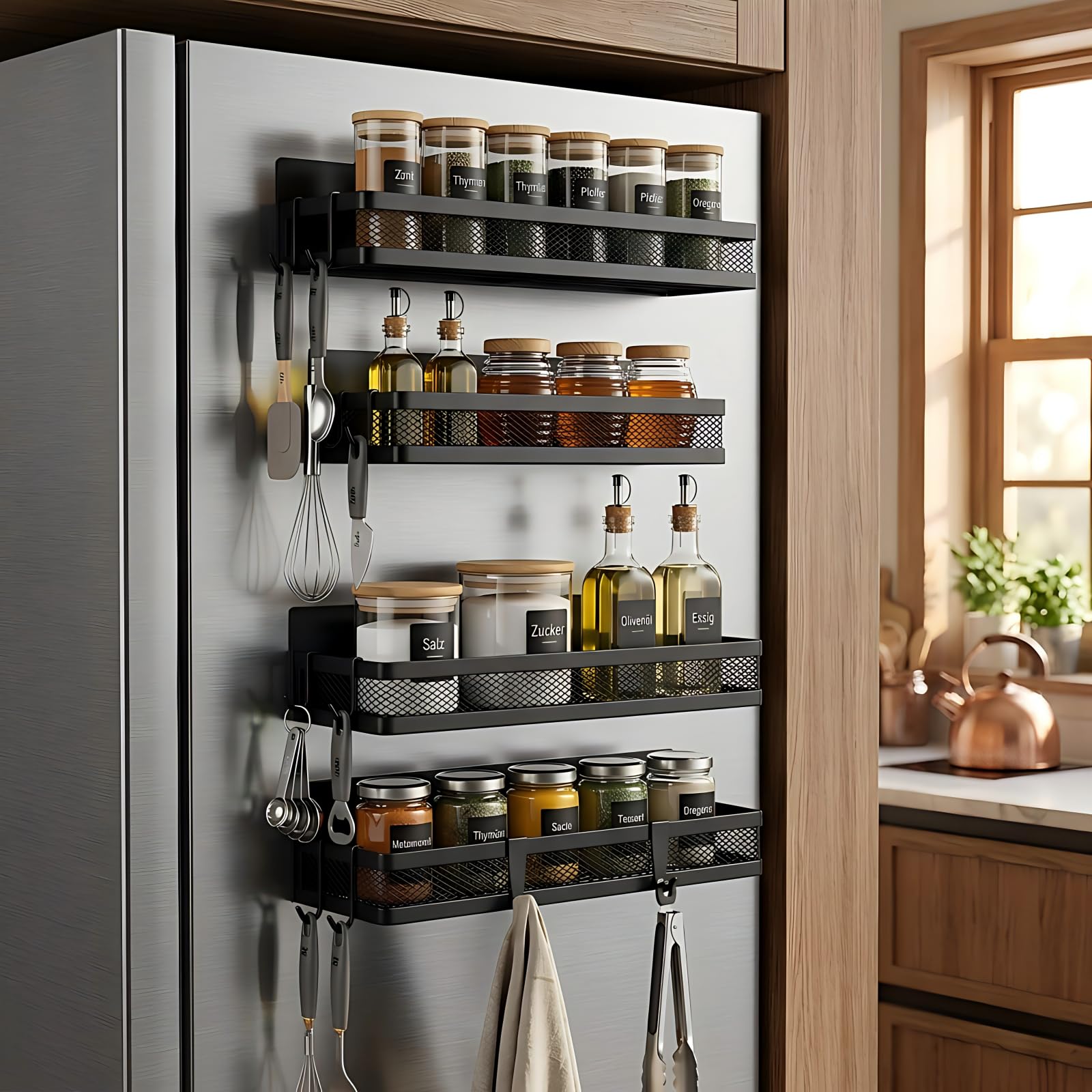 Magnetic Spice Rack for Refrigerator, Set of 4 (2 Large & 2 Small) Kitchen Storage Shelves with 8 Hooks, No-Drill Fridge Organizer for Spice Jars, Organization Rack for Microwave & Washing Machine