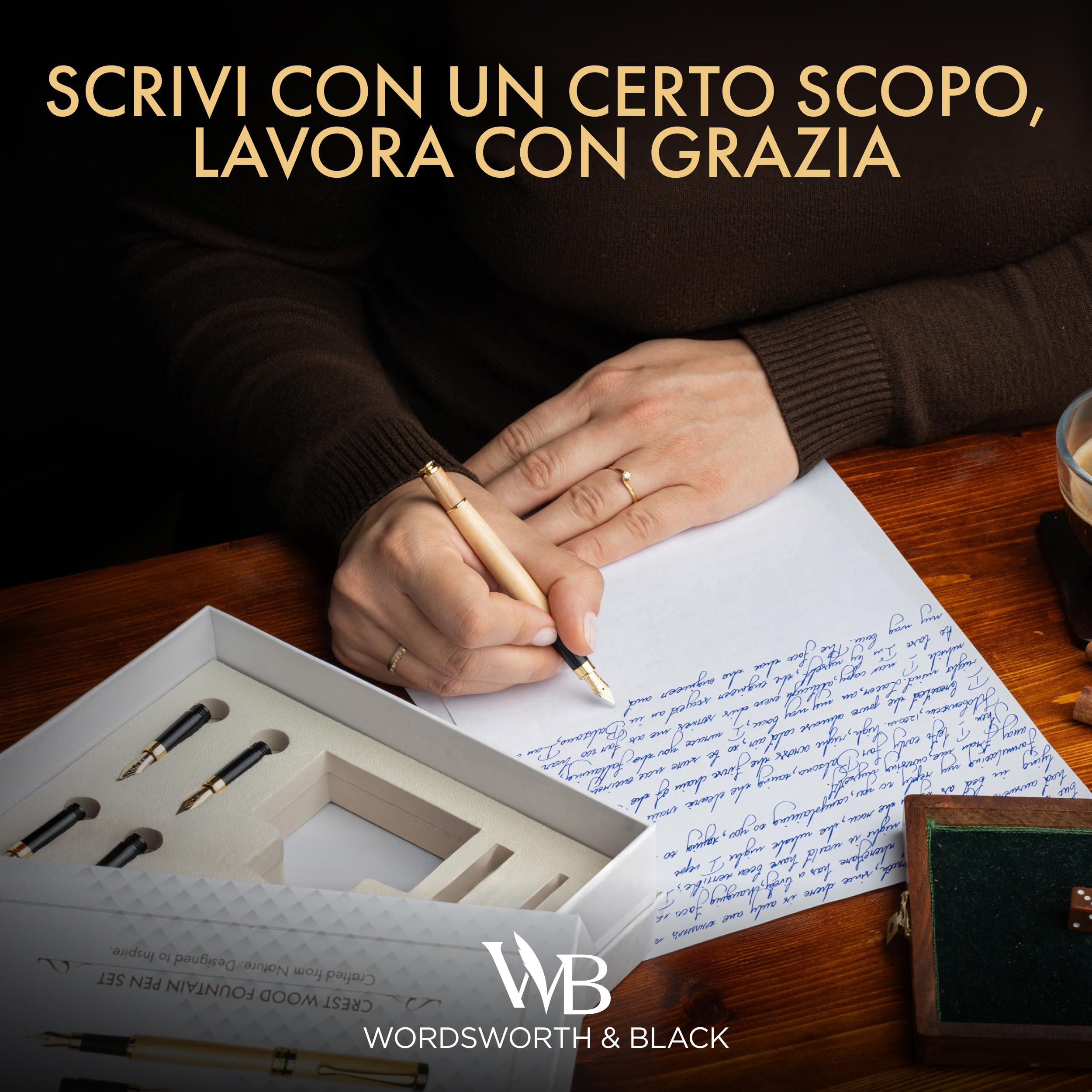 Wordsworth & Black Set Penna Stilografica in Bambù Acero, 4 Pennini | Flacone d'Inchiostro, Cartucce, Convertitore di Ricambio, Regalo Unisex, Scrittura Fluida, Journaling, Lettering