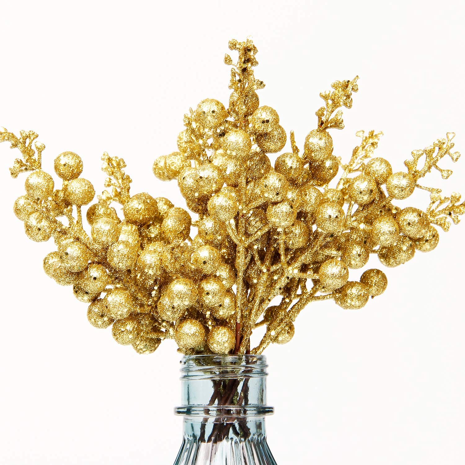 APSAMBR-6 PCS 14 BARRIES Glitter Gold Berries Stems for Christmas Tree Decoration, 5.8" Artificial Christmas Golden Red Berry Garland Christmas Ornaments Decor-Gold