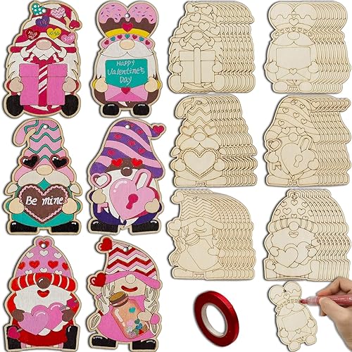 48 piezas de gnomos de madera de San Valentín, kits de manualidades de gnomos de madera sin terminar, rebanadas de adorno en blanco para colgar para