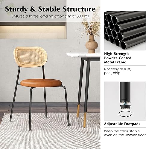 Miniatura 5 de Giantex Juego de 2 sillas de comedor de ratán, sillas de cocina tapizadas con patas de metal, carga máxima de 300 libras, sillas laterales de