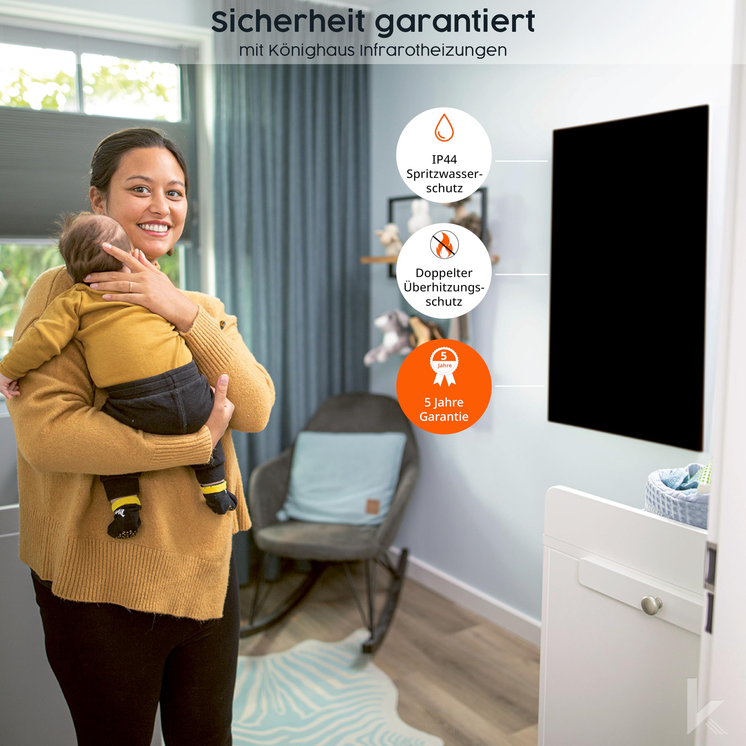 Könighaus Infrarotheizung Black Edition - 800 Watt - Thermostat | TÜV SÜD, 5 Jahre Garantie, doppelter Überhitzungsschutz, in 2-4 min betriebsbereit