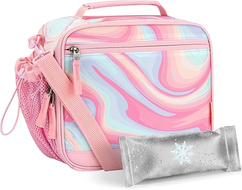 Choco Mocha Lonchera con teñido anudado para niñas, loncheras para niñas, bolsa de almuerzo escolar, bolsas de hielo con correa para el hombro para