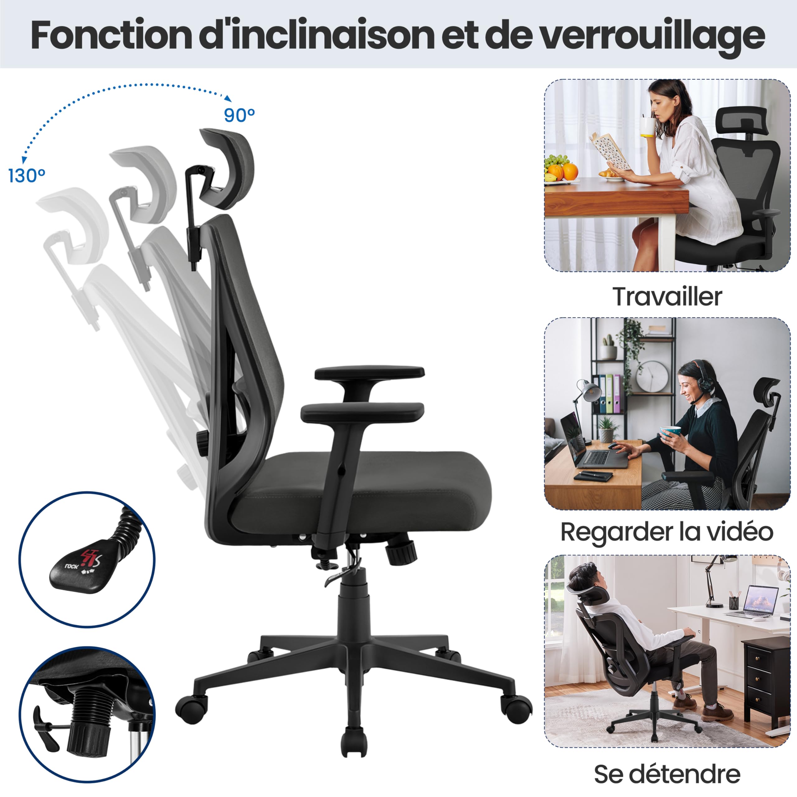 Yaheetech Chaise de Bureau Ergonomique Inclinaison Verrouillable Fauteuil de Bureau en Maille avec Support Lombaire et Appui-tête Accoudoirs Réglables roulettes Pivotantes Charge 136 kg Noir