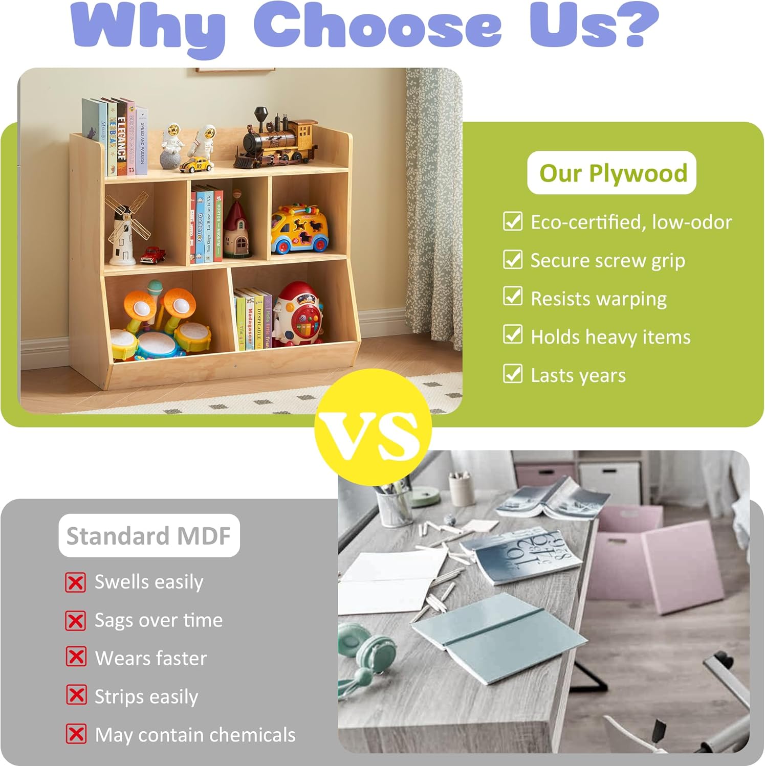 Montessori Shelf, Plywood Toy Storage Organizer for Books Toys, 3 Shelf Bookcase, 5-Section Storage Cabinet, Toddler Book Shelf for Kids Rooms, Playroom, Nursery, Kindergarten