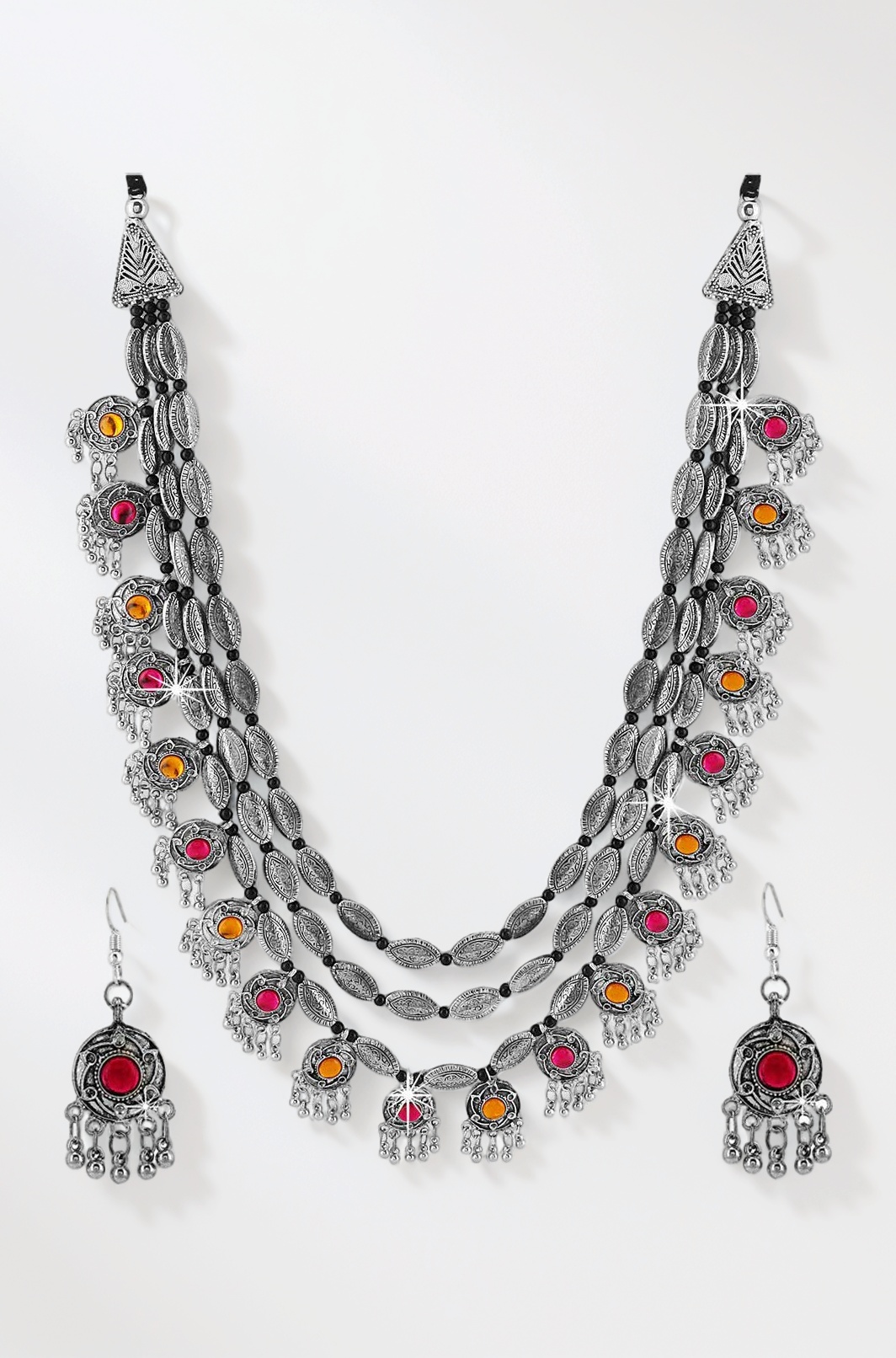 Fashion Jewellery Set for Women Antique Oxidised Silver Plated Tribal Jewellery Necklace Earring Set for Women & Girls.(Valentine Gift Special). (Multi)