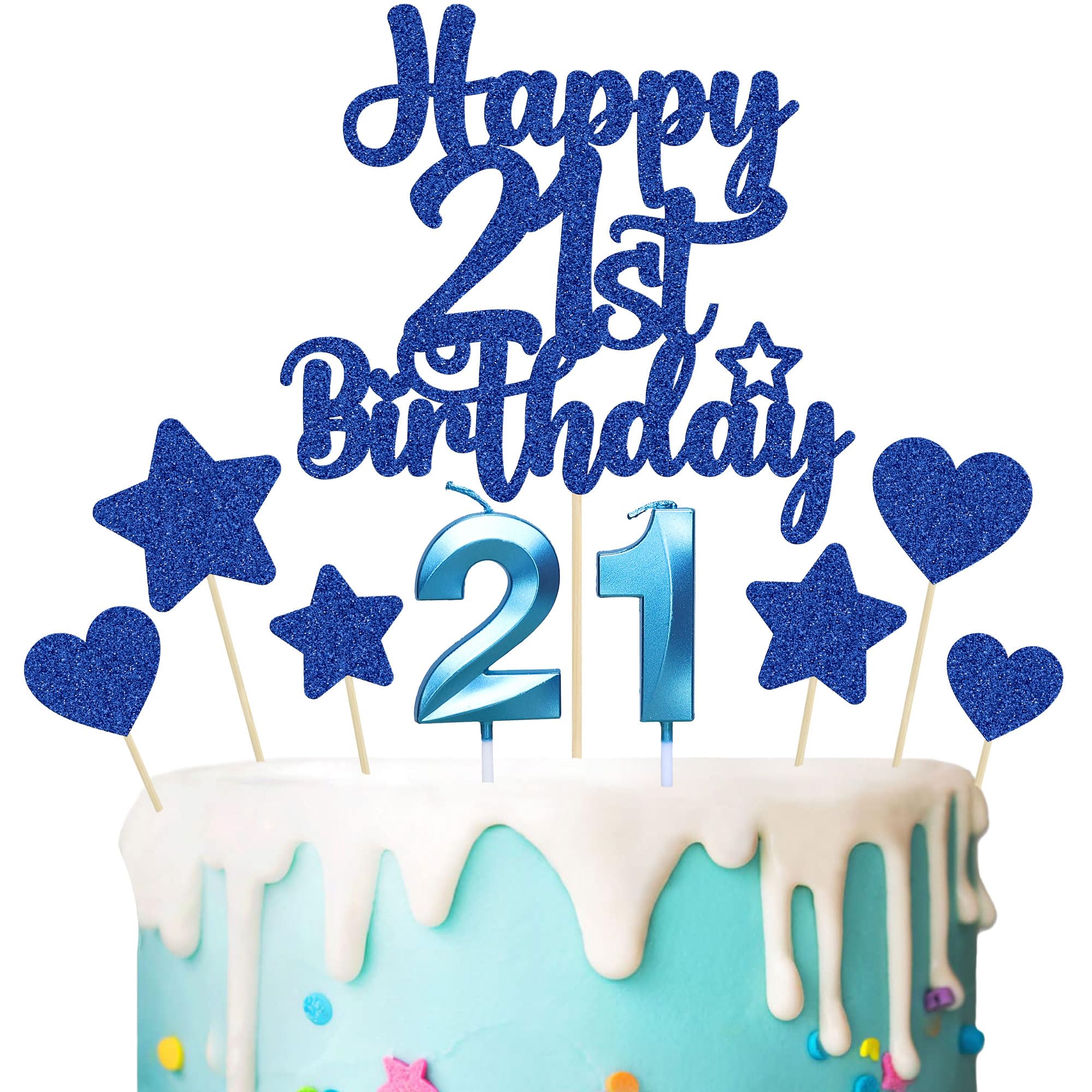 Gyufise 15Pcs Happy 21st Birthday Cake Topper Set with Heart Star Glitter Cheers to 21 Years Cake Picks Number 21 Candles Cake Decorations for Happy 21st Birthday Anniversary Party Supplies Blue