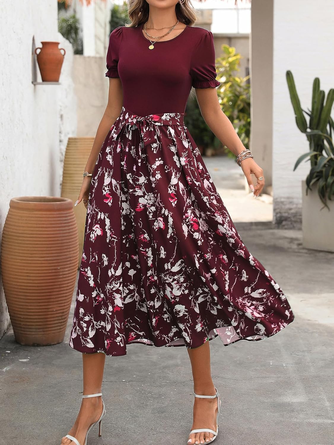 Women's Summer Dress 1950s Vintage Casual Elegant Office Work Crewneck A Line Midi Fit and Flare Dresses with Belt 279