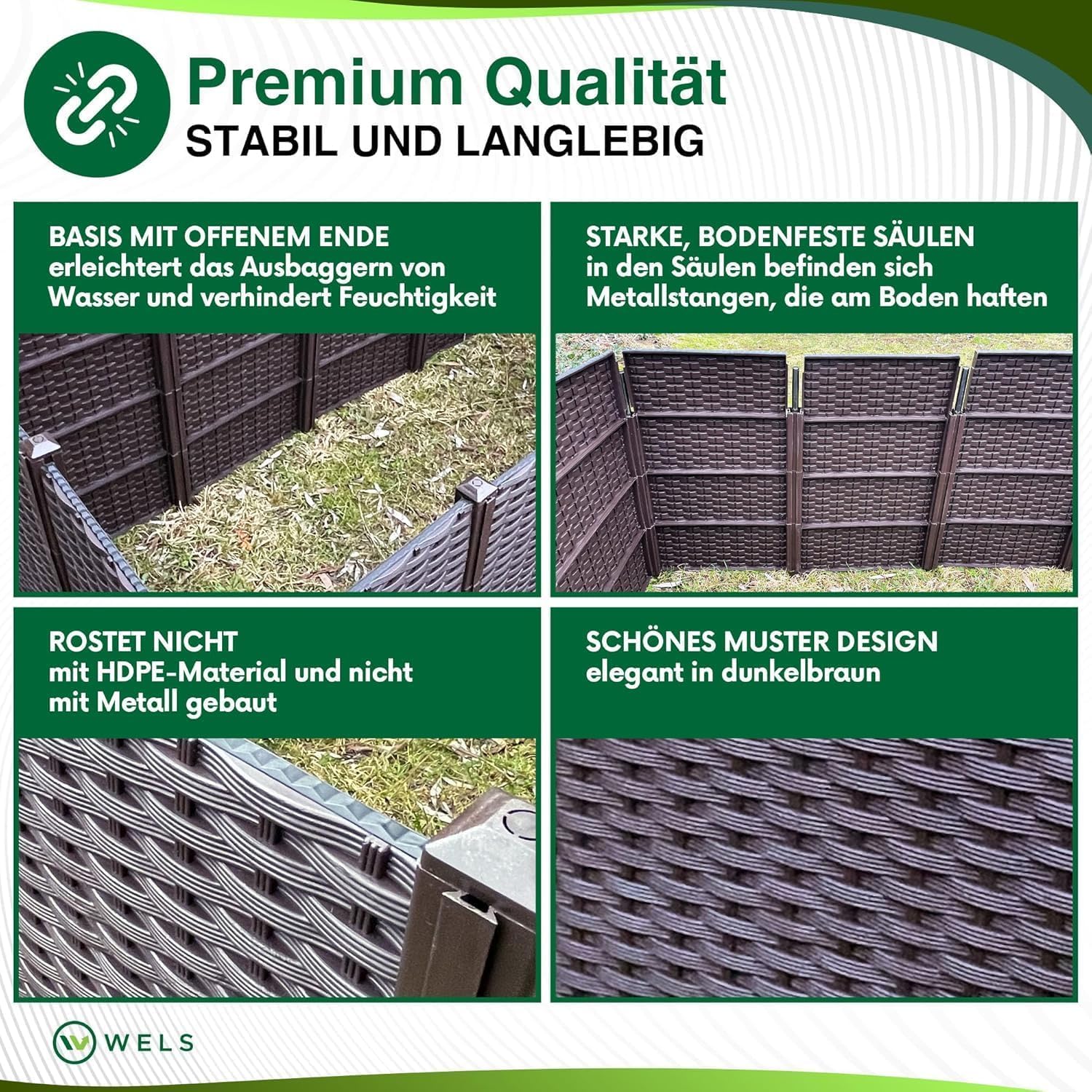WIELS® Modulares Hochbeet für Garten, Rattan-Optik, 148 x 76 x 60 cm, Schwarz - Dunkelbraun, Pflanzbeet Frühbeet Gartenbeet Gemüsebeet Blumenbeet Kunststoff Plastik HDPE