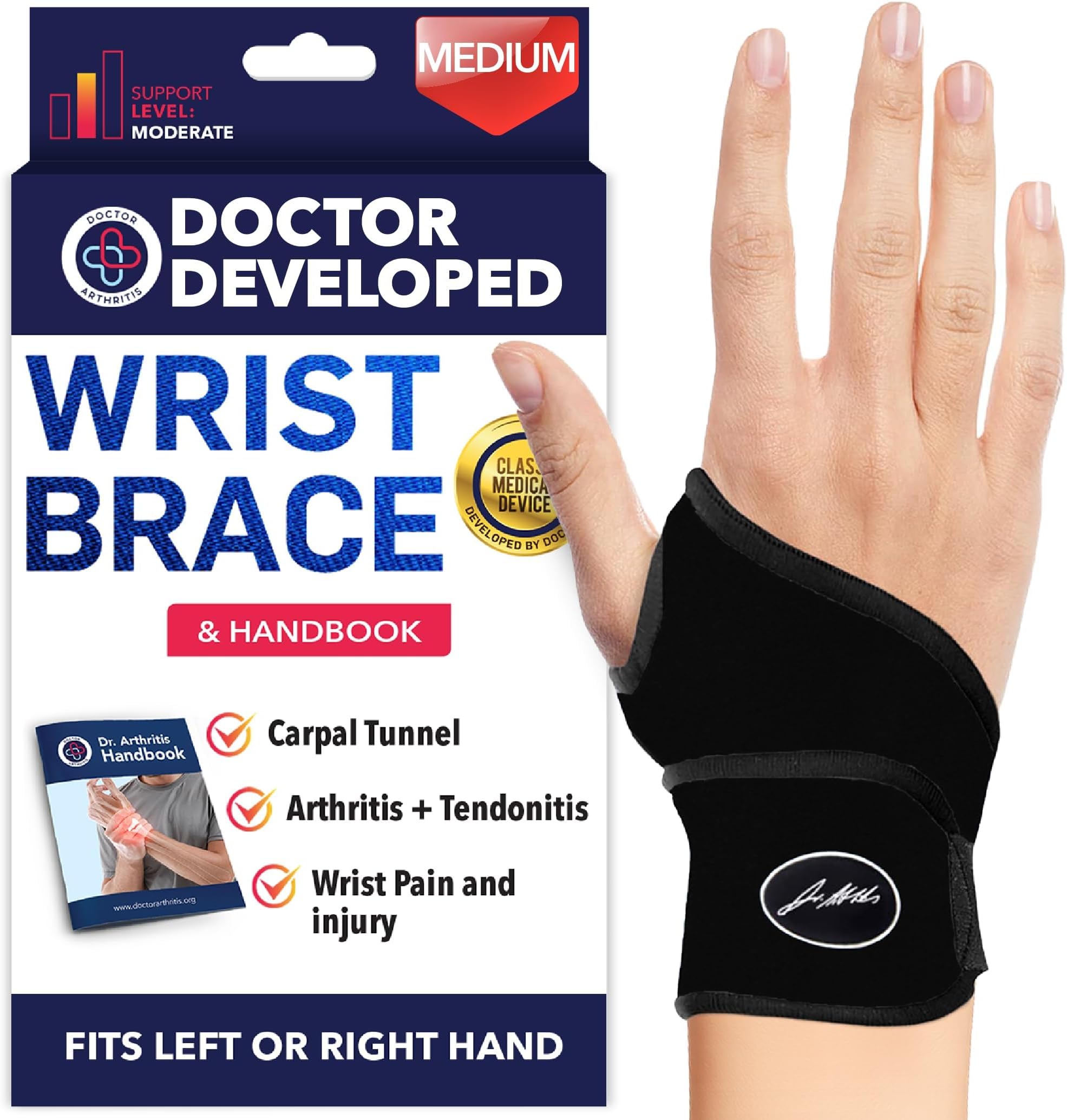 Dr. Arthritis Doctor Developed Premium Copper Lined Wrist Support/Wrist Strap/Wrist Brace/Hand Support [Single]& Doctor Written Handbook— Suitable for Both Right and Left Hands