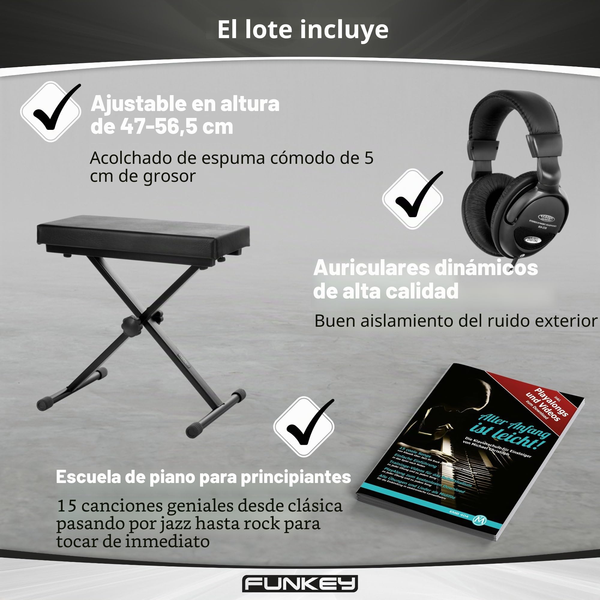 Piano digital FunKey DP-88 negro set con auriculares, banco y manual