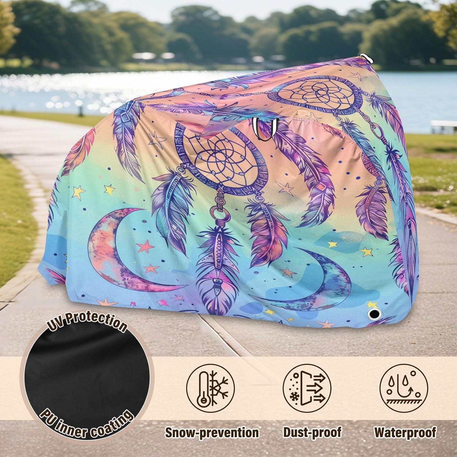 ALAZA Rainbow Dreamcatcher Moon Bike Cover Waterproof Outdoor Ebike Bicycle Covers Tarp Protection for 1/2 Bikes, Sun UV Dust Wind Proof