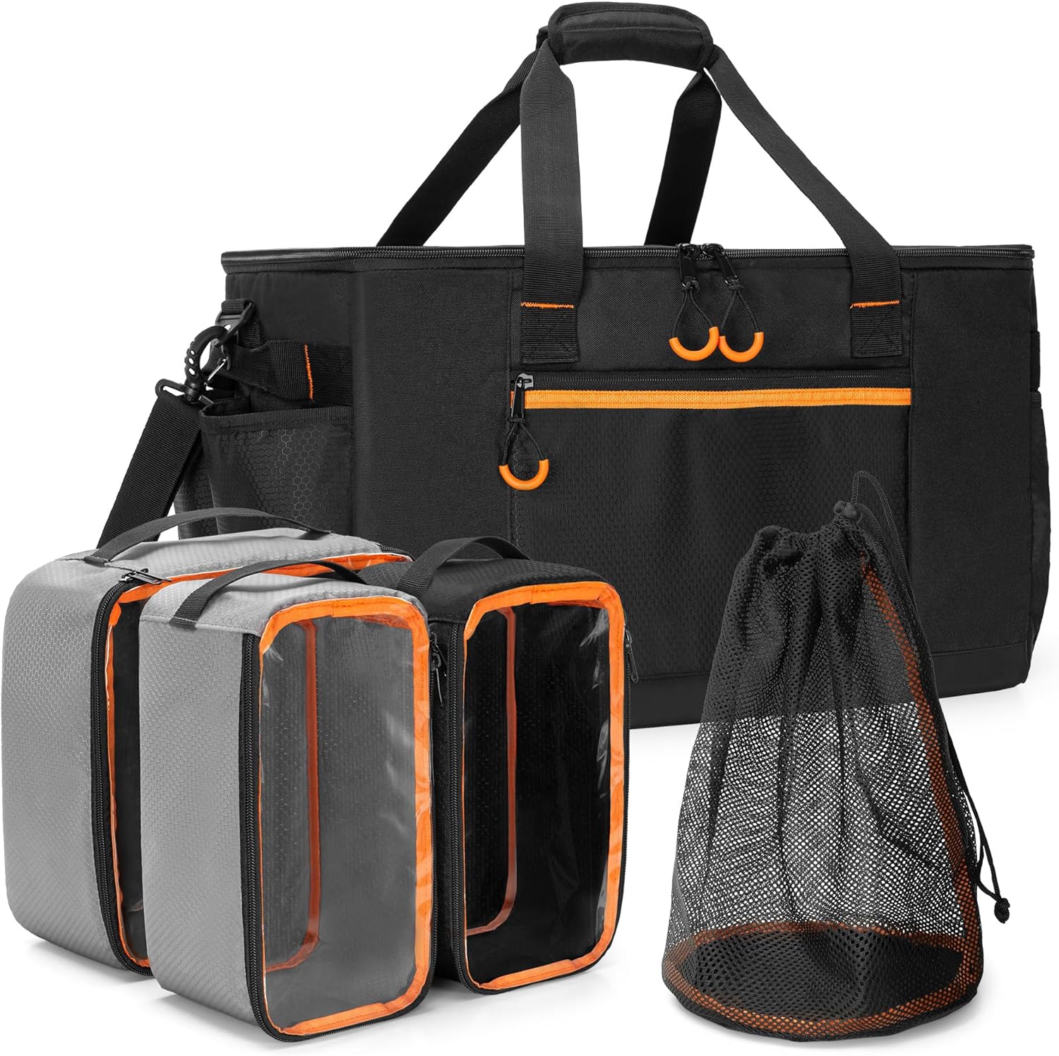 Camping Gear Organizer, 3 Pcs Camping Packing Cubes and 1 Pcs Mesh Pocket with Carrying Bag for Kitchen Supplies, 5-in-one Tactical Travel Storage with Transparent Window for Car Trunk, 45L Camping Gear Organizer, 3 Pcs Camping Packing Cubes and 1 Pcs Mesh Pocket with Carrying Bag for Kitchen Supplies, 5-in-one Tactical Travel Storage with Transparent Window for Car Trunk, 45L