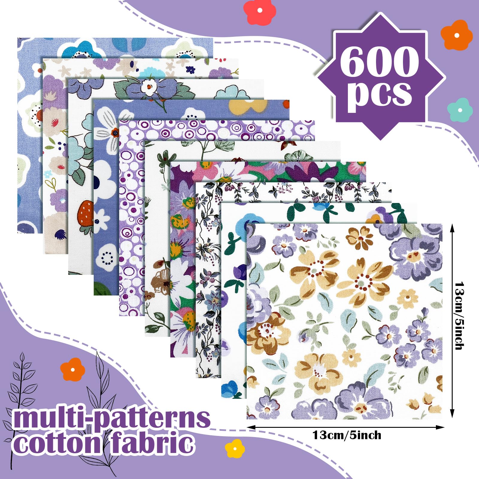 Kinlop 600 szt., 12,7 cm x 12,7 cm, tkanina bawełniana, kwadraty, DIY, wstępnie wycięte zestawy zawieszek do pikowania, pikowania, szycia, patchworku, scrapbookingu, tkaniny (fioletowe)