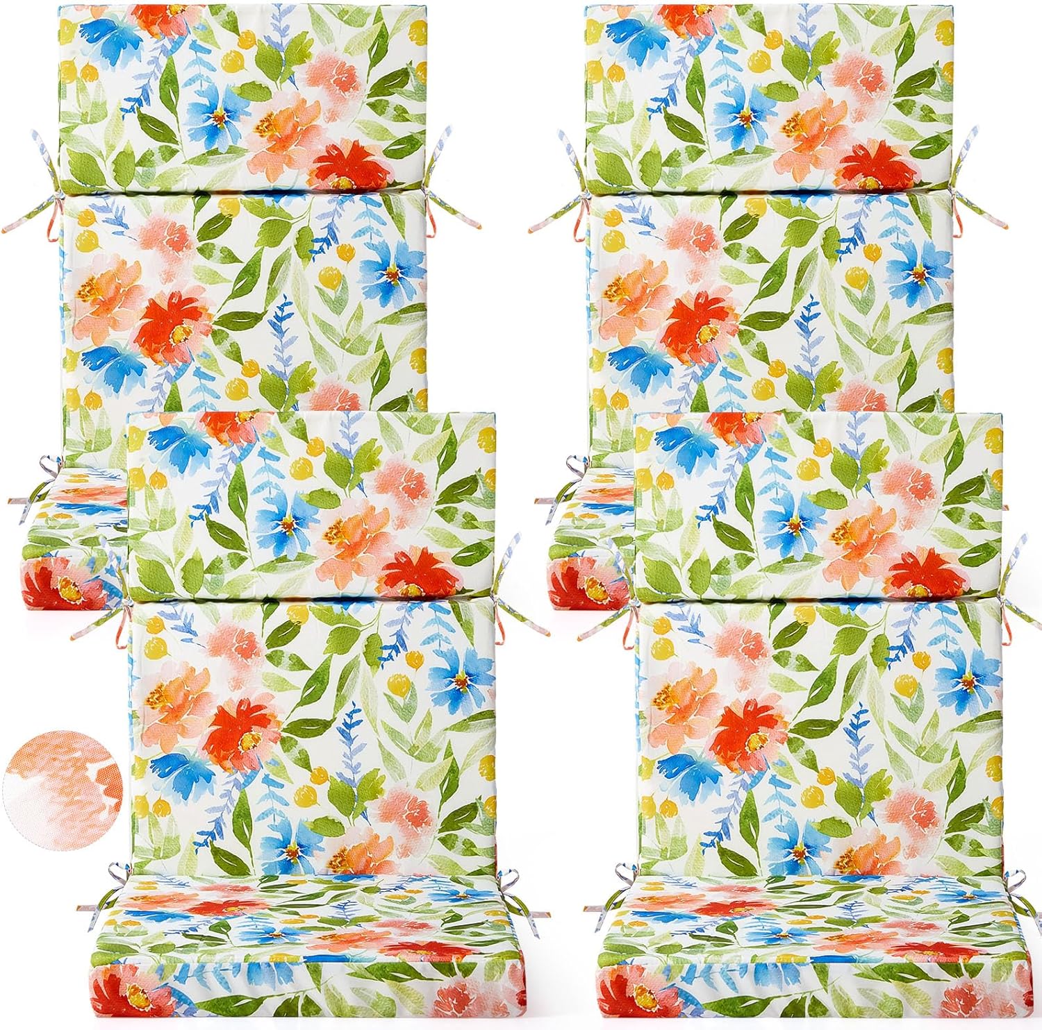 4 Pack Outdoor High Back Chair Cushion, 44 x 20 inches Patio Chair Cushions Waterproof Rocking Cushions Indoor Furniture Seat Pad, Weather Resistant (Floral,Pastel)