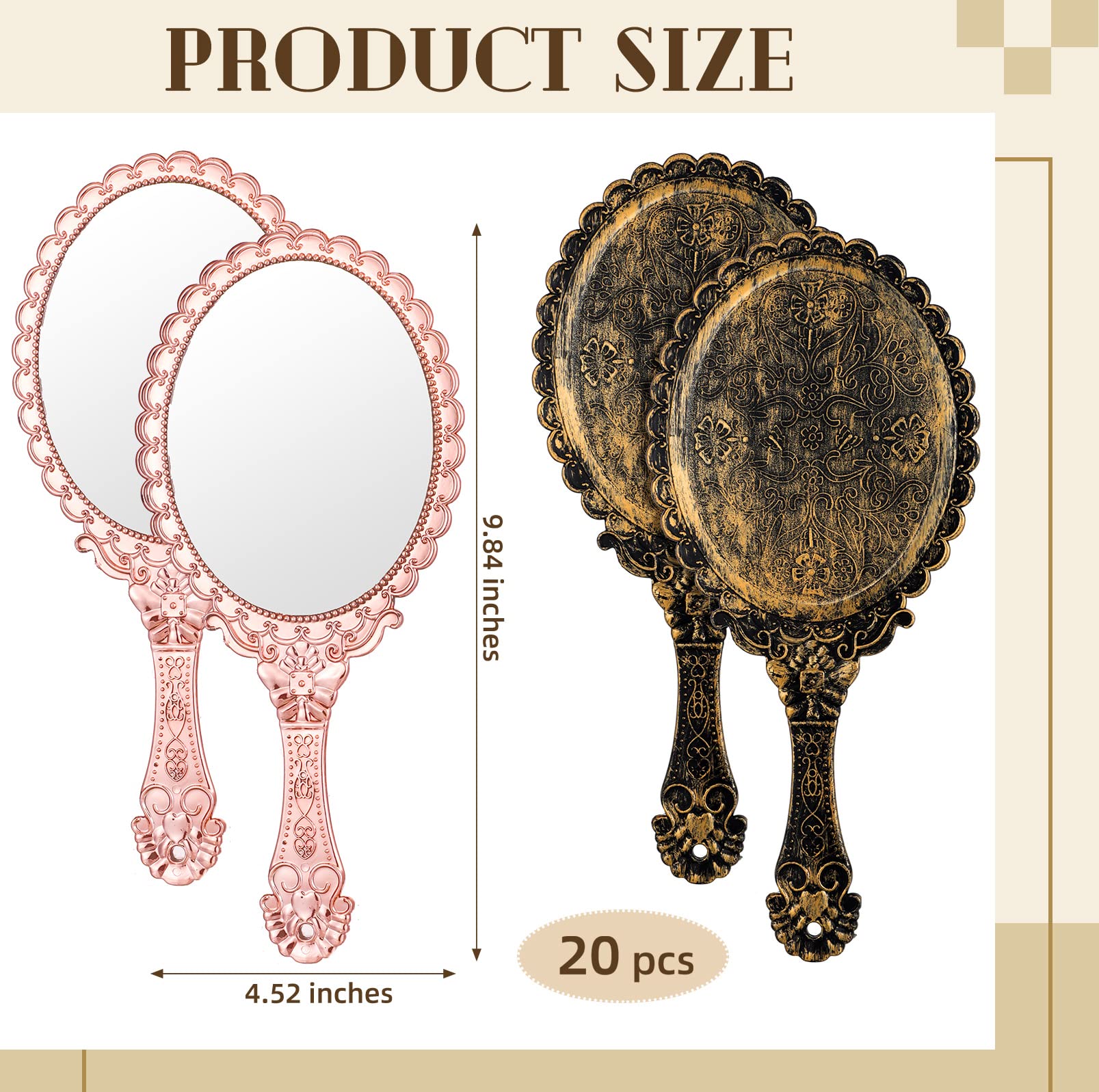 Specchio portatile vintage a mano, con manico, specchio compatto per il trucco per donne e ragazze, da viaggio (vintage, oro rosa)