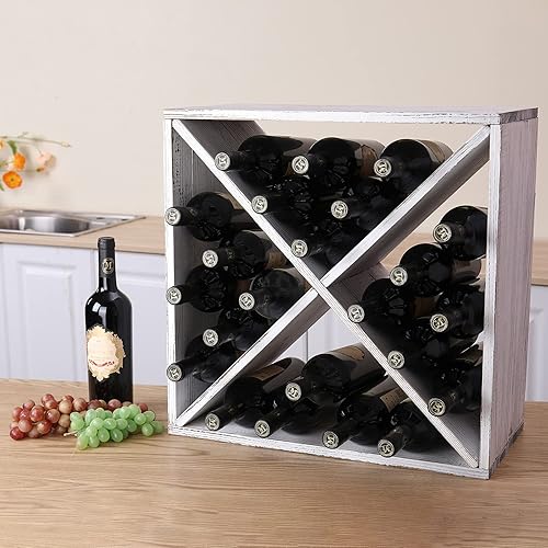 Miniatura 5 de fdjamy Estante de vino para encimera de madera, apilable, almacenamiento rústico, estilo retro, cubo de 24 botellas, estante de vino de madera