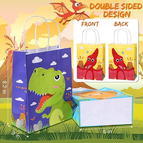 Miniatura 2 de Pajean 24 bolsas de caramelos de dinosaurio con asa, bolsas de papel de recuerdo de fiesta de dinosaurios, regalos para niños, envoltura de