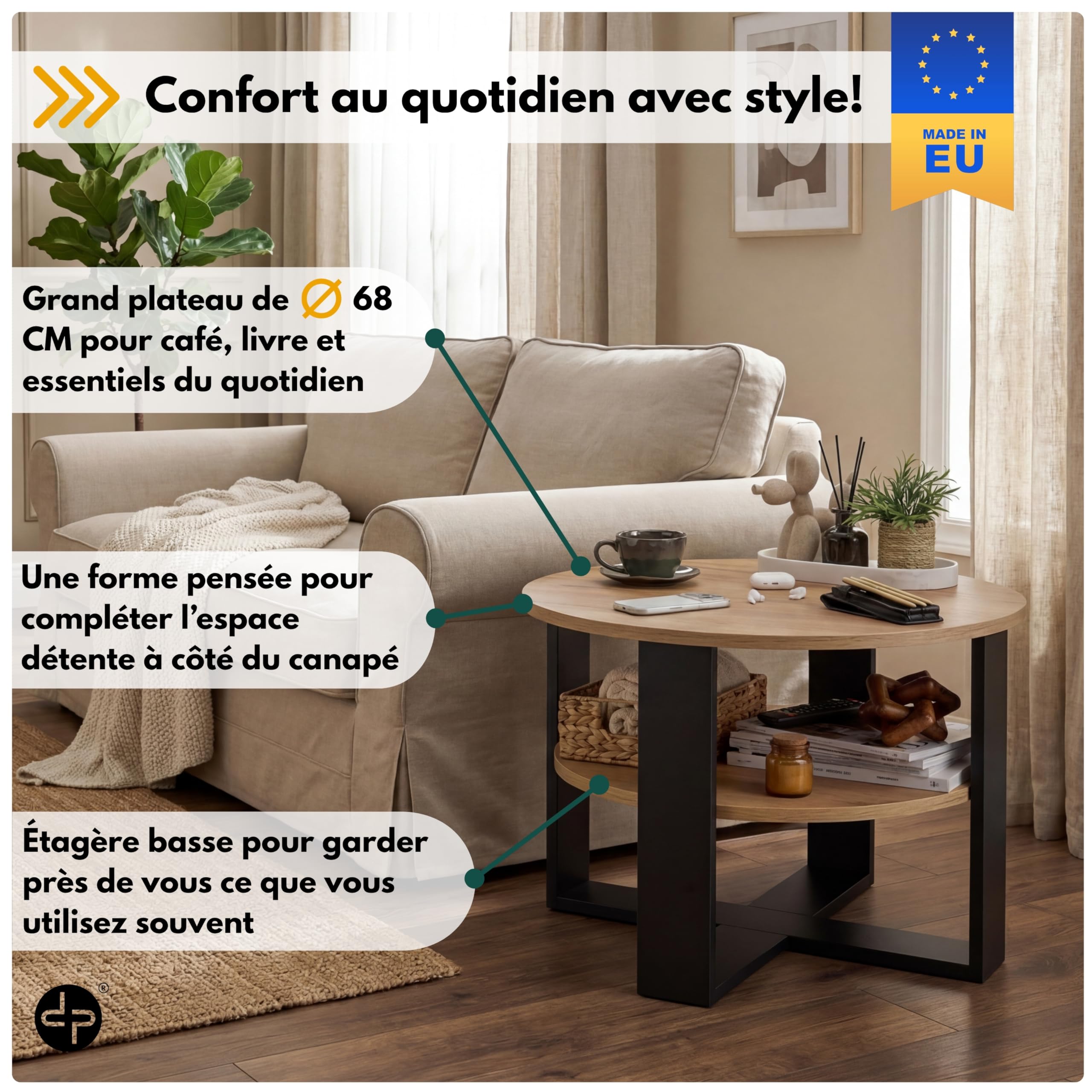 defiPad Table Basse Ronde Ø70 cm – Table d’appoint Bout de canapé avec étagère, 2 Niveaux, Meuble de Salon Moderne, Blanc et chêne, Design Industriel, fabriquée en UE (Noir et Chêne)