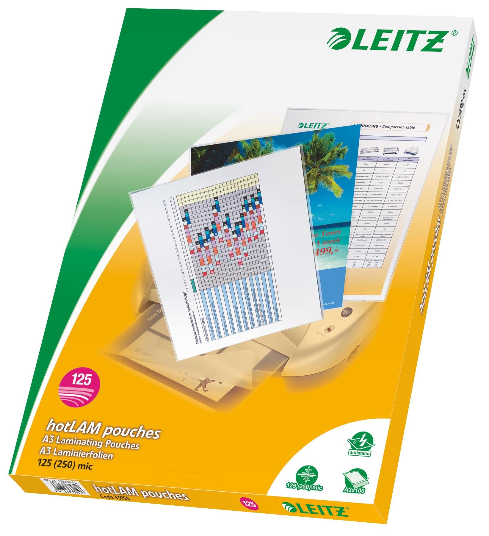 LEITZ Boîte de 100 Pochettes de Plastification A3 Brillant 250 mic (2x125)
