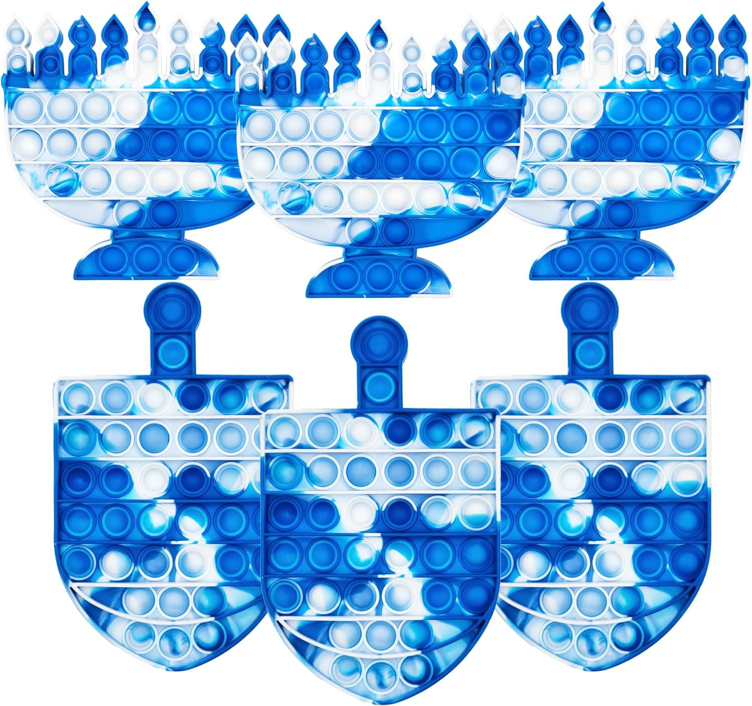 The Dreidel Company 3-Dreidels and 3-Menorahs Pop Fidget Toy Popper Set Blue & White, 3-Sets