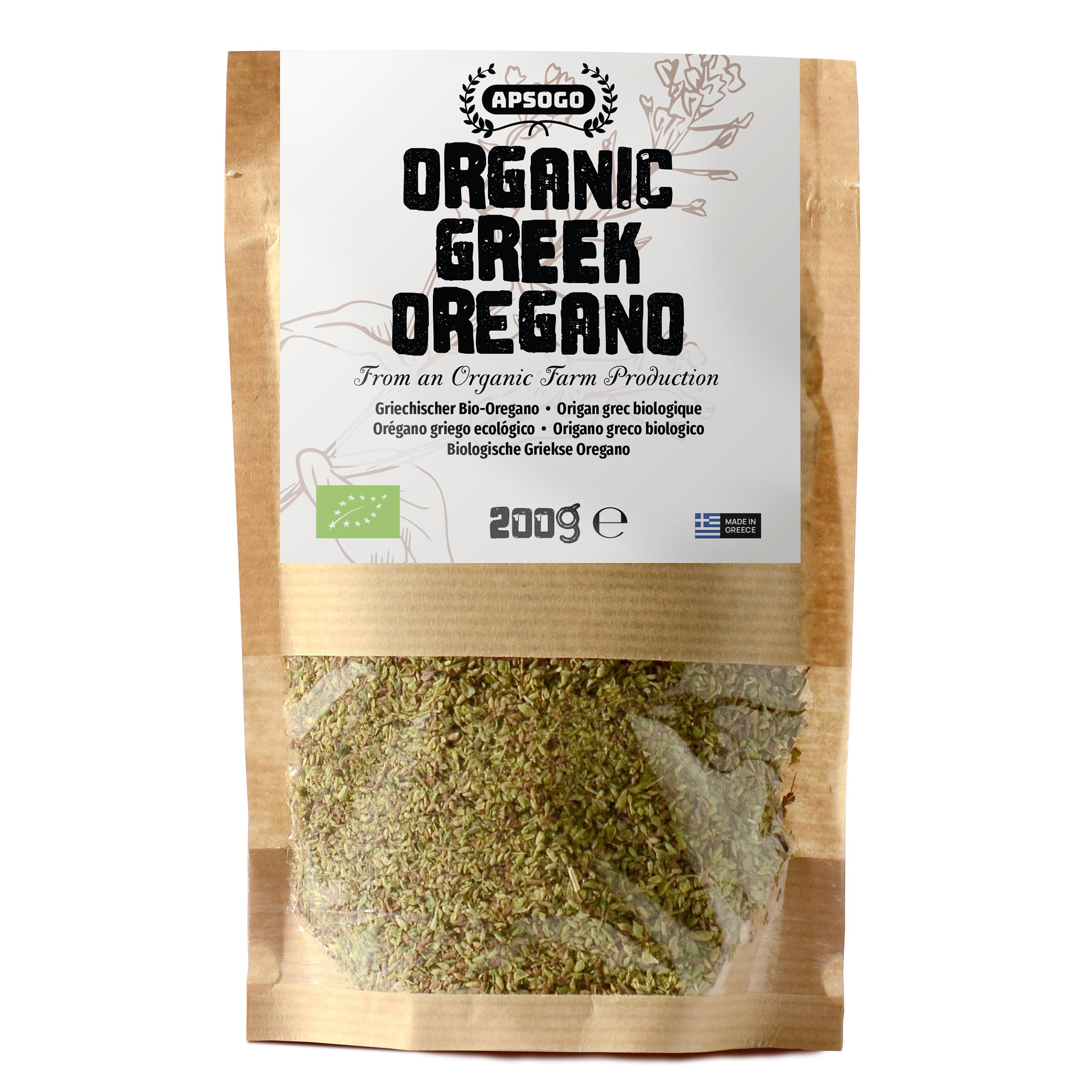 Apsogo Bio Oregano Getrocknet aus Griechenland - Griechischer Oregano gerebelt, intensiv aromatisch, 100% EU Herkunft - Oregano Bio, Oregano Blätter getrocknet für Pizza, Pasta & Tee (200g)