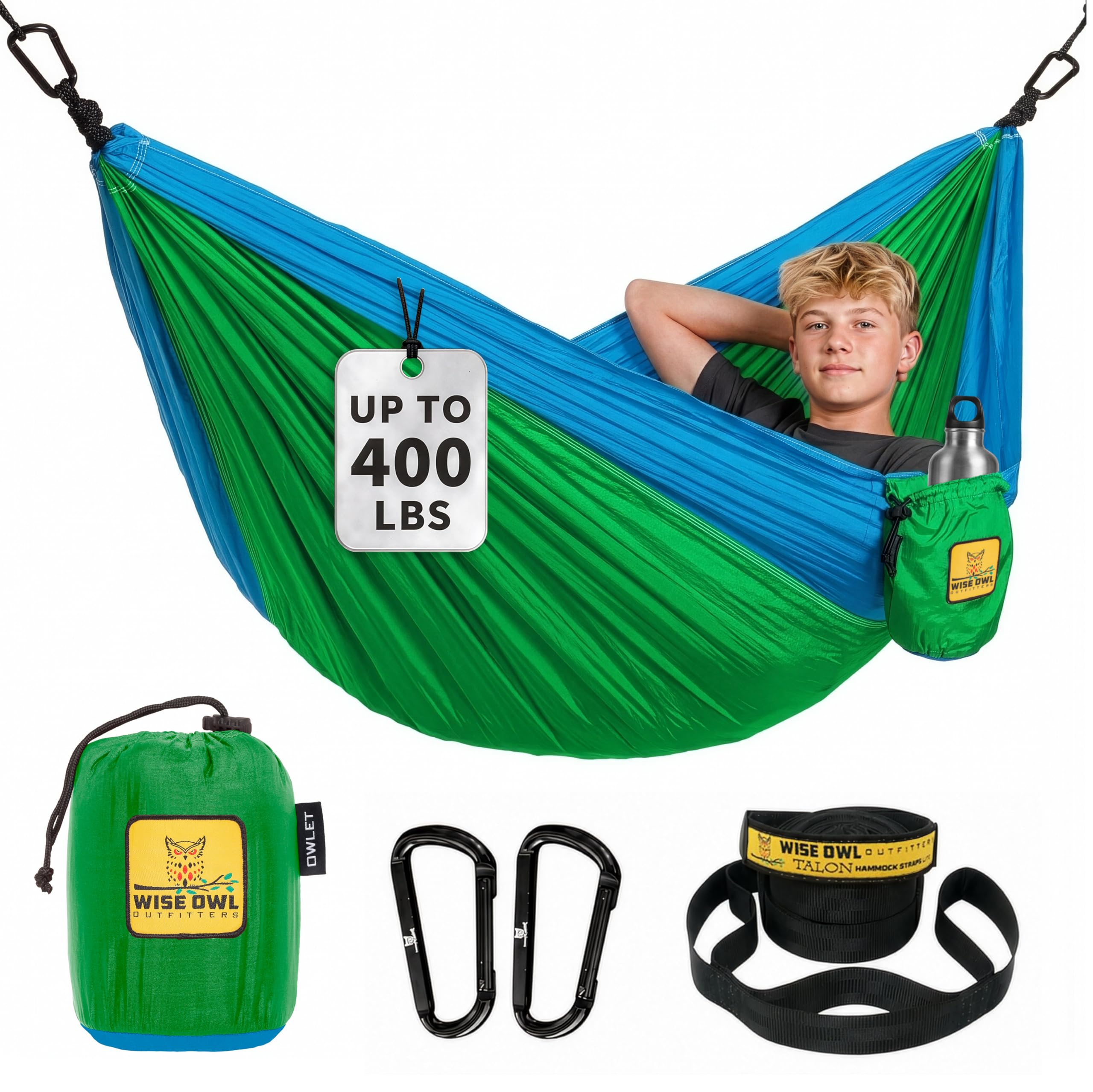 Wise Owl Outfitters Kids Hammock - Small Camping Hammock, Kids Camping Gear w/Tree Straps and Carabiners for Indoor/Outdoor Use - Kid Size Green &amp; Blue