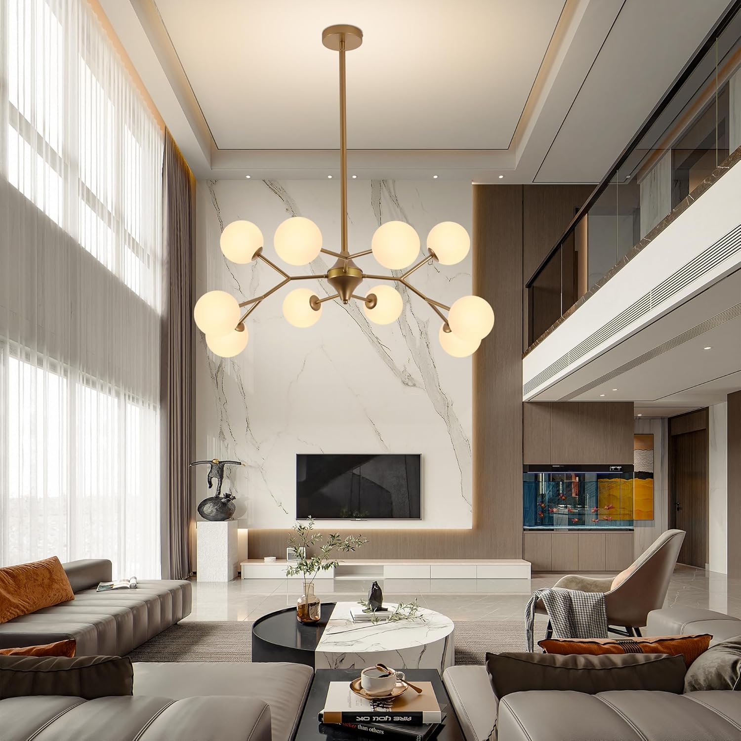 REDSTAR 39" Mid Century Modern Sputnik Chandelier, Reddish Sand Gold Globe Chandelier Over Table, 10-Light Fixture for Dining Room Kitchen Island Living Room Bedroom