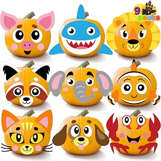 JOYIN 9 PCS Halloween Pumpkin Decorating Craft Kit with Foam Stickers, Halloween Make A Face DIY Kit in 9 Animal Designs, Halloween Make Your Own Arts & Crafts for School Activities,Party Supplies