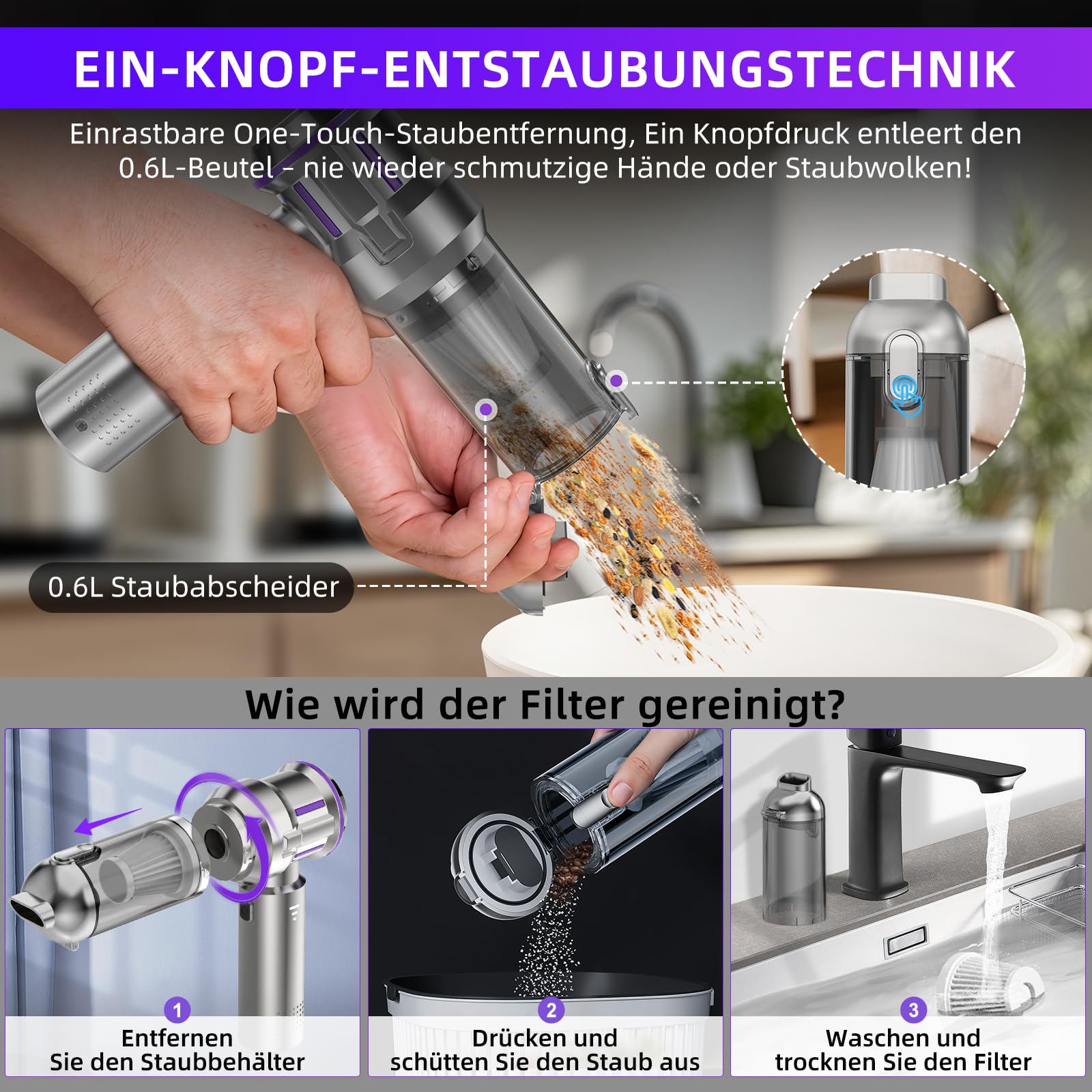 Handstaubsauger, 25000Pa Handstaubsauger Akku Kabellos mit 1-Knopf-Selbstentleerung, 4-in-1 Autostaubsauger Stark mit Bürstenlosem Motor, 3 Stufen Mini Staubsauger, Ideal für Tierhaare, Auto, Haushalt