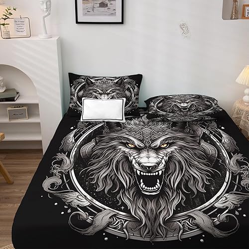 Miniatura 3 de Viking Wolf Sábanas tamaño King  Sábanas de cama de mitología nórdica, microfibra suave y bolsillo profundo y sábanas y fundas de almohada