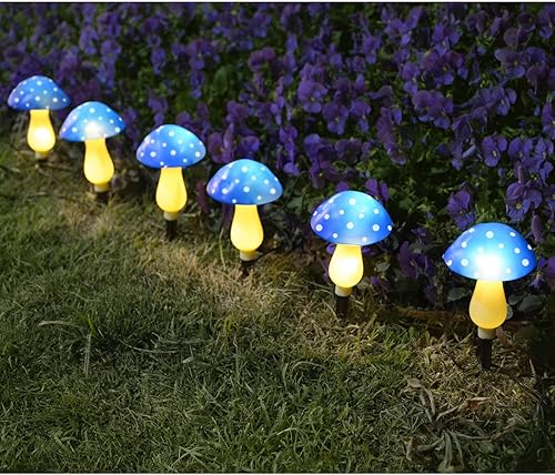 Miniatura 3 de Paquete de 6 luces solares azules para jardín, luces de estaca de hongos alimentadas por energía solar para decoración de patio al aire libre,
