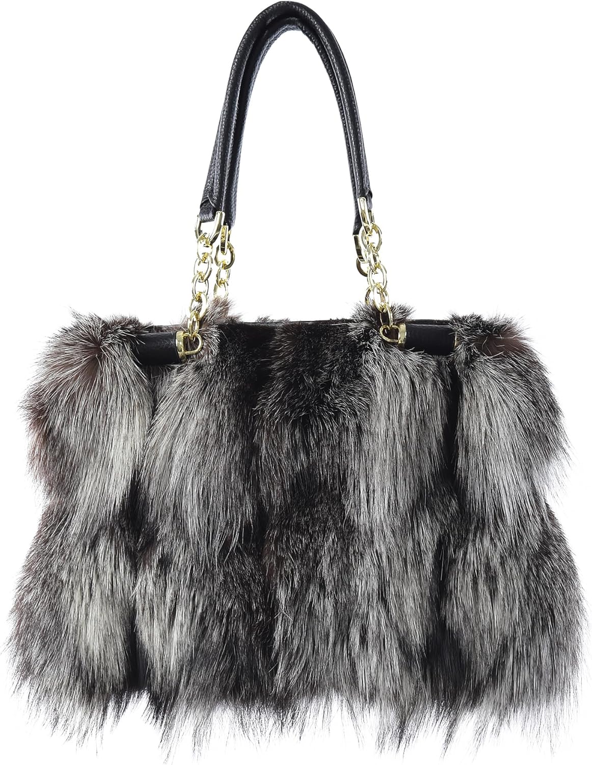 Fur Story Women's Real Red Fox Fur Chain Bag Fuzzy Shoulder Handbag Fluffy Tote Bag Fur Purses Big Capacity