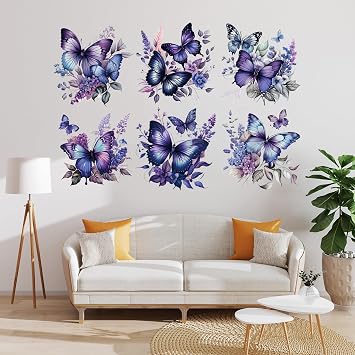 Purple Butterflys Wall Decals Vinyl Watercolor Wall Stickers Removable Floral Wall Murals Peel and Stick Flowers Wall Decor for Girls Bedroom Home Office Nursery Room Toilet Wall Decor